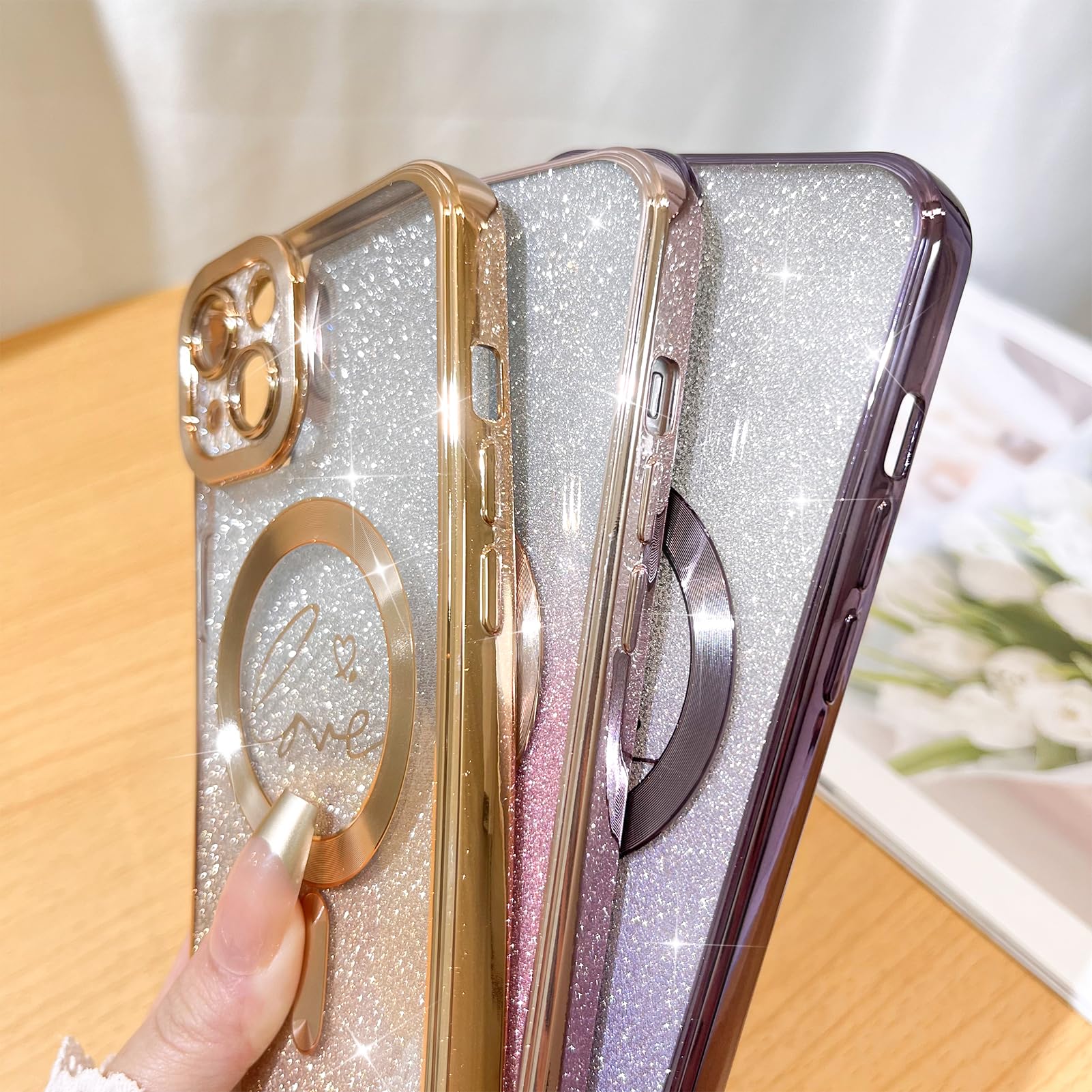 Fiyart Compatible With Iphone 13 Case,Compatible With Magsafe Love Heart Plating Camera Protection Clear Phone Case, Magnetic Gl