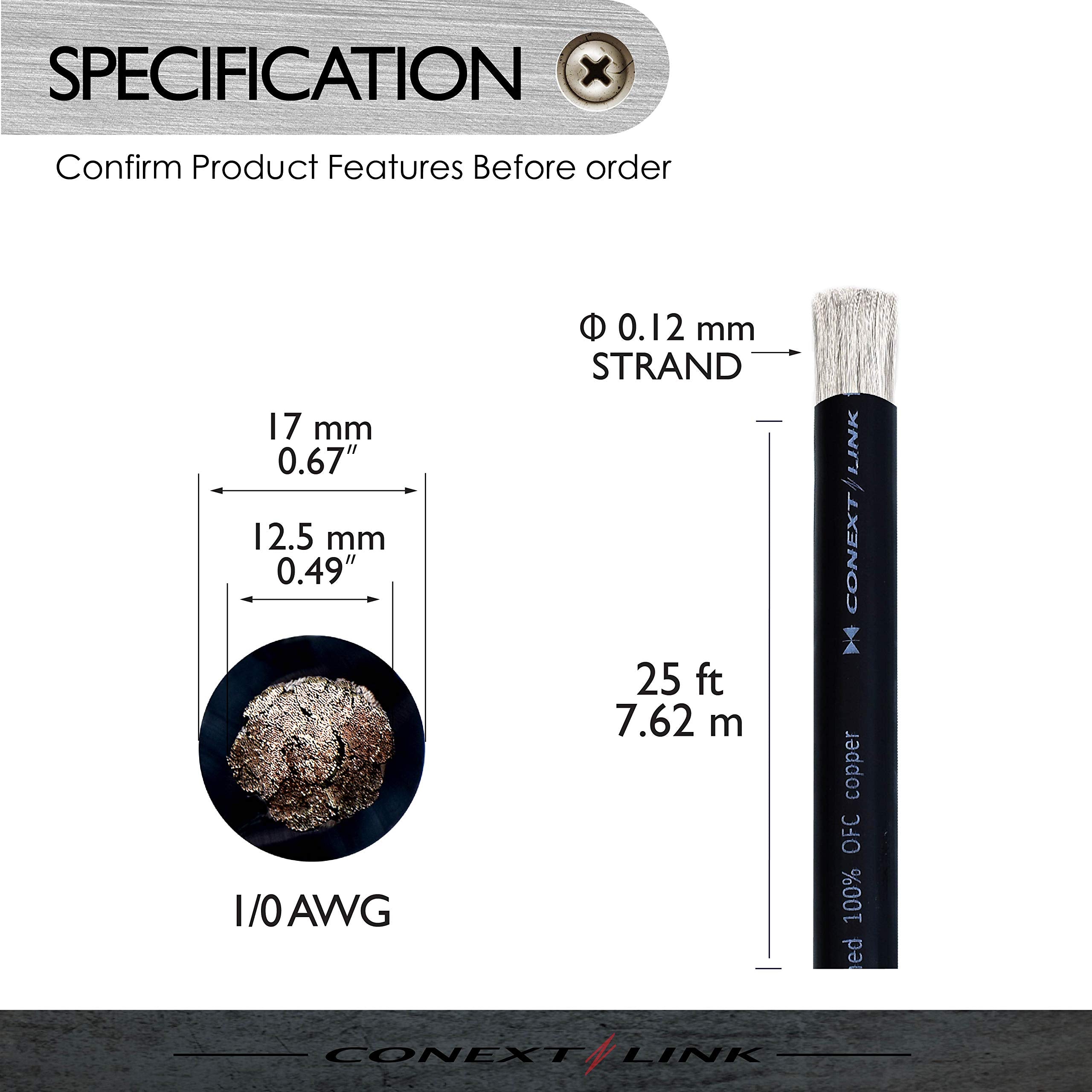 Conext Link 25Ft Full 1/0 Gauge Awg Power Cable Wire Tinned Ofc Copper Ground Frost Black (10059)