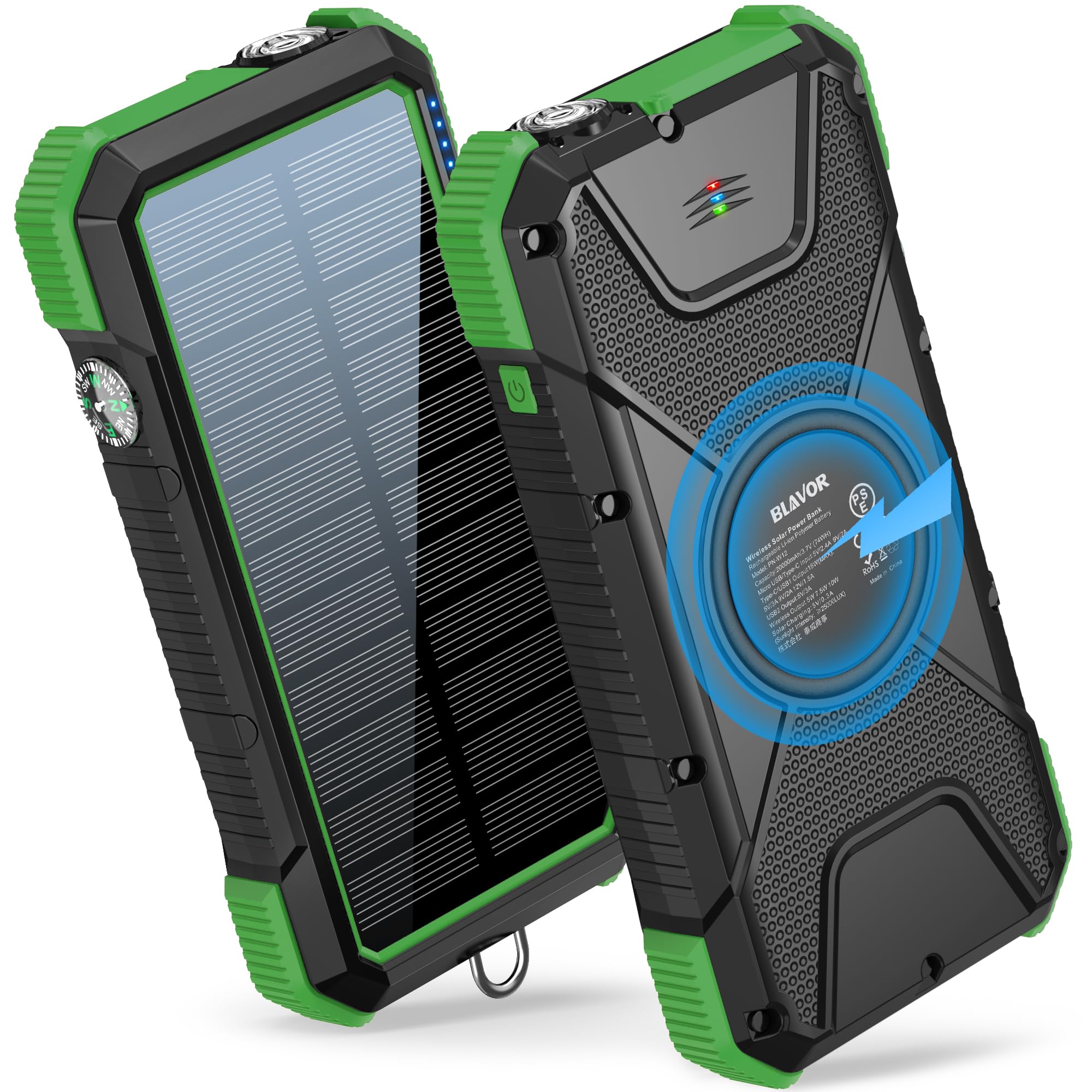 Blavor Solar Power Bank, Pd18W Qc3.0 Fast Charging 10W Wireless Charger 20000Mah Solar Powered Powerbank With Type C Input/Outpu