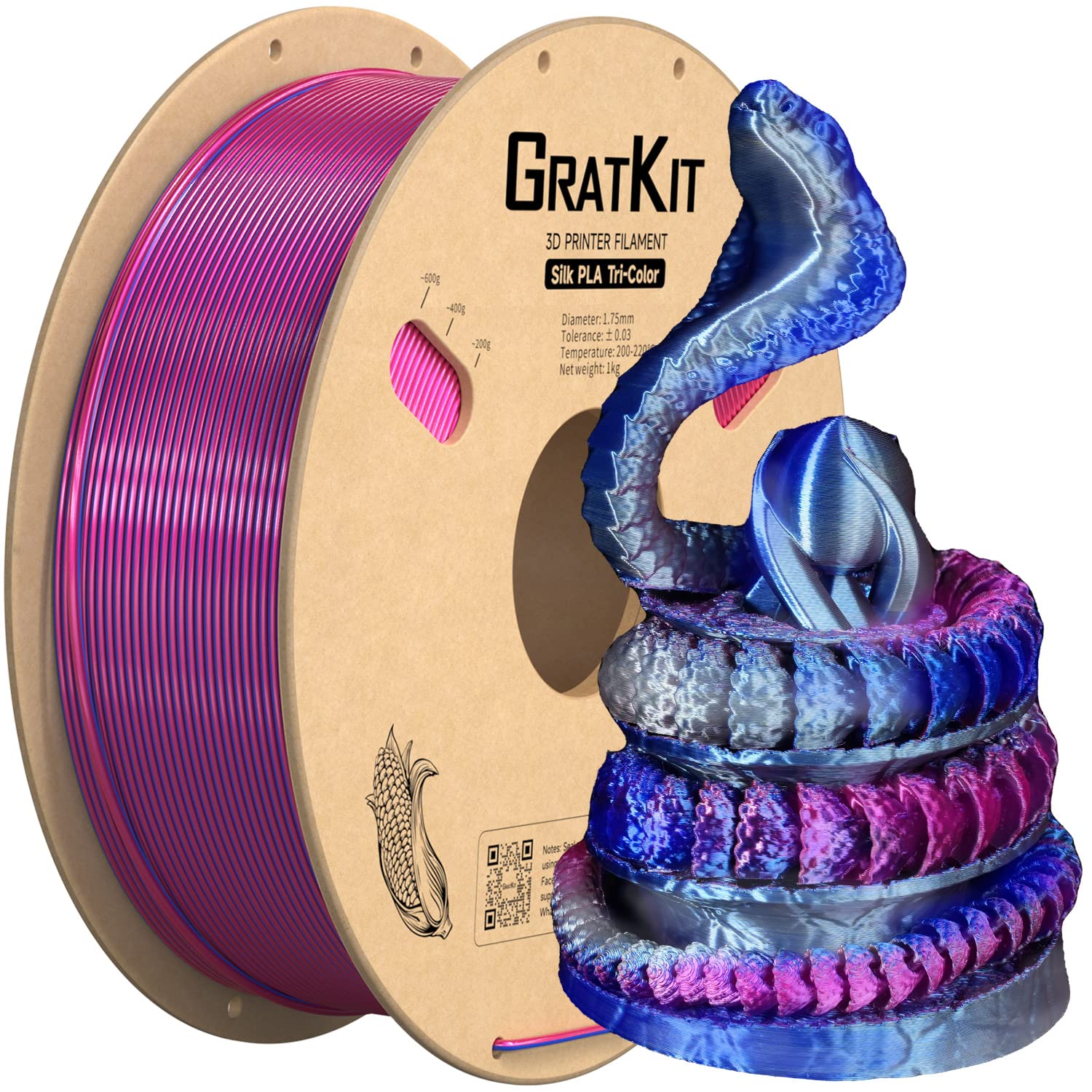 Gratkit Silk Tri Color Pla Filament,Coextrusion Pla Filament 1.75Mm,  0.03Mm, 1Kg/Roll, Silk Pla Pink & Blue & Silver Gray