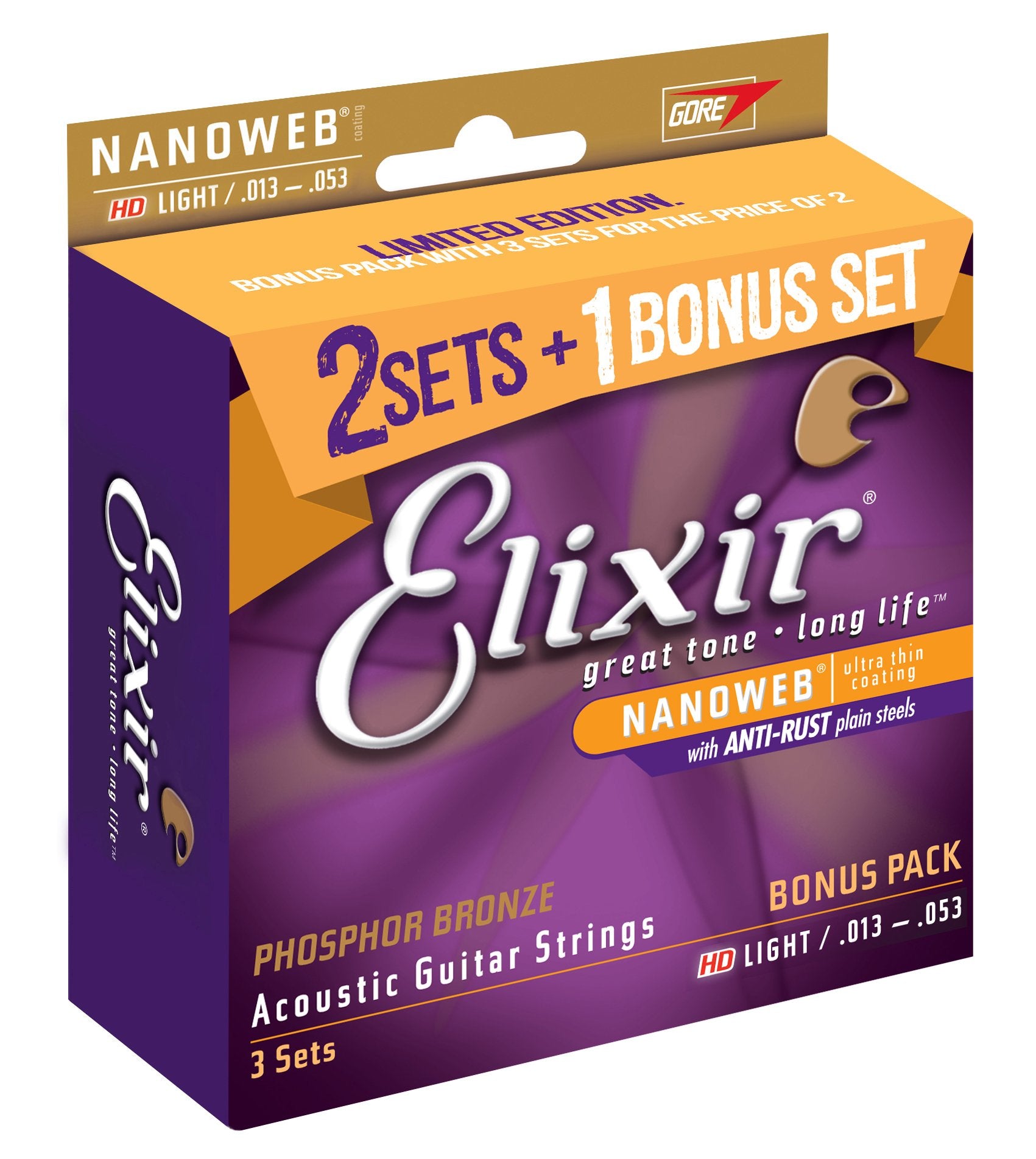 Elixir Strings 16547 Acoustic Phosphor Bronze Guitar Strings With Nanoweb Coating, 3 Pack, Hd Light (.013 .053)