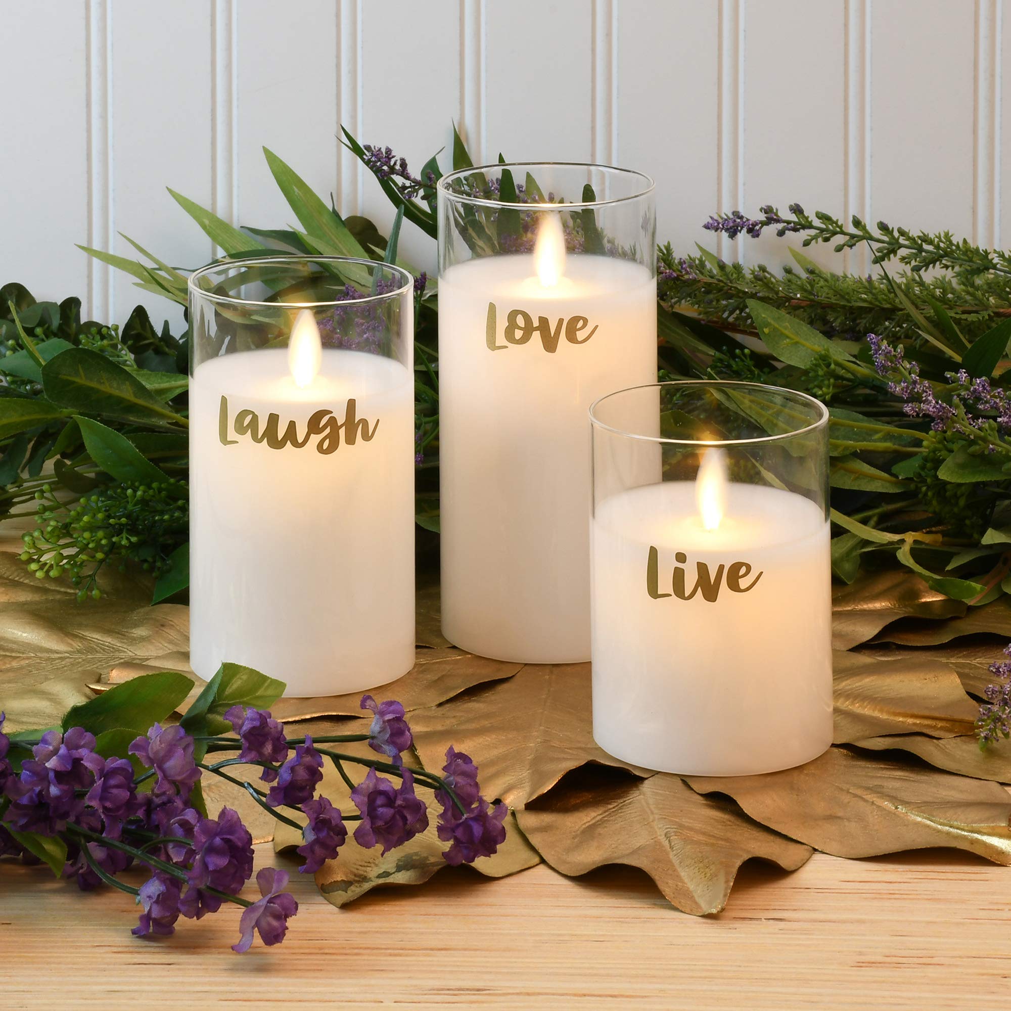 Lumabase Battery Operated Led Glass Candles With Moving Flame, Live Laugh Love   Set Of 3