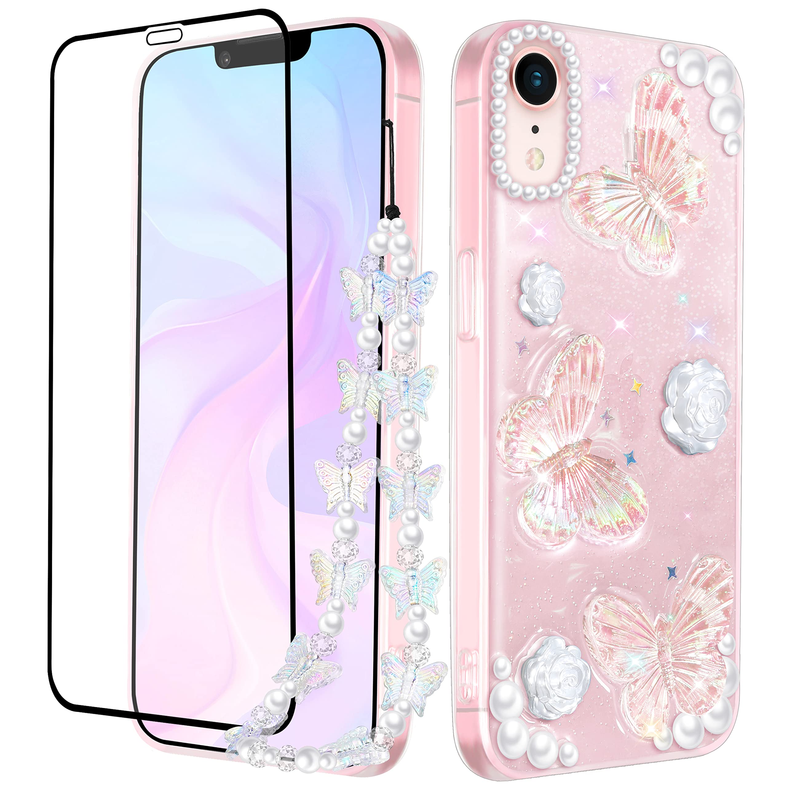 Goocrux (3In1 Case For Apple Iphone Xr Butterfly Glitter Handmade Sequin Sparkle Pretty For Women Girls Clear Design Crystal Pea