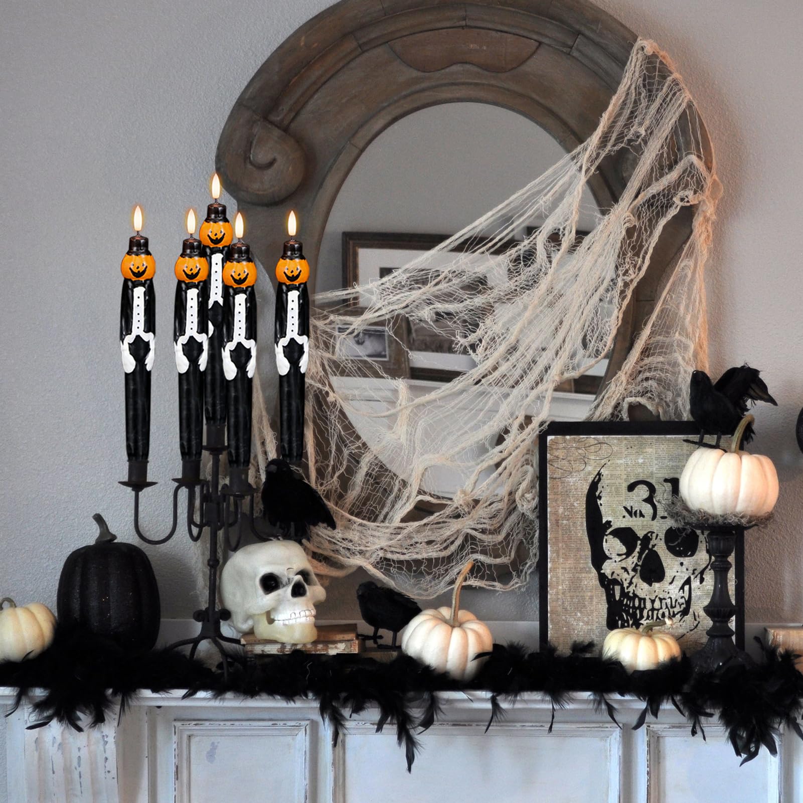 Genswin Halloween Flameless Taper Candles With Timer, 2 Pack Taper Candles Battery Operated, Real Wax Pumpkin Gentleman Suit Des