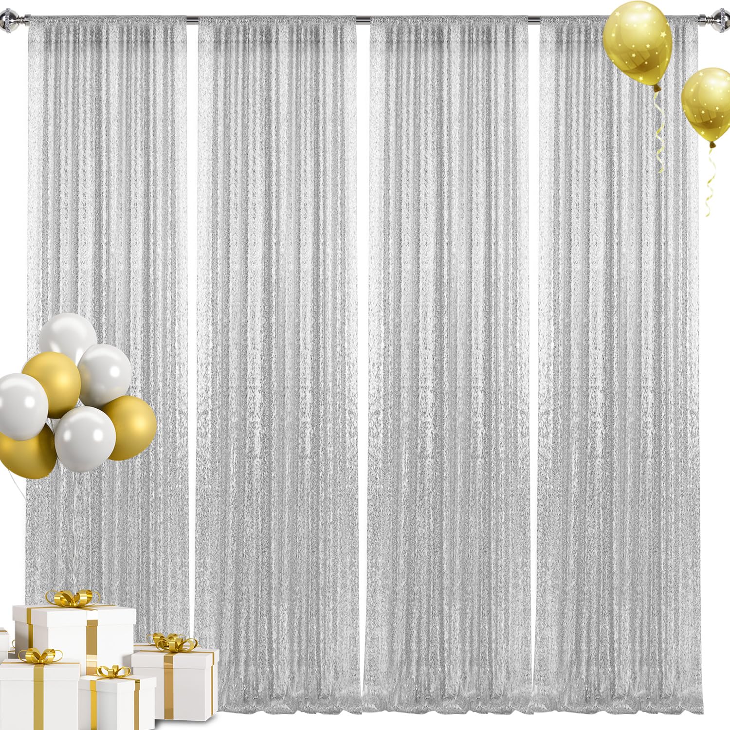 2  8Ft 4Pcs Silver Sequin Backdrop Curtains Panels, Photography Backdrop Glitter Curtains Fabric Background For Christmas Weddin