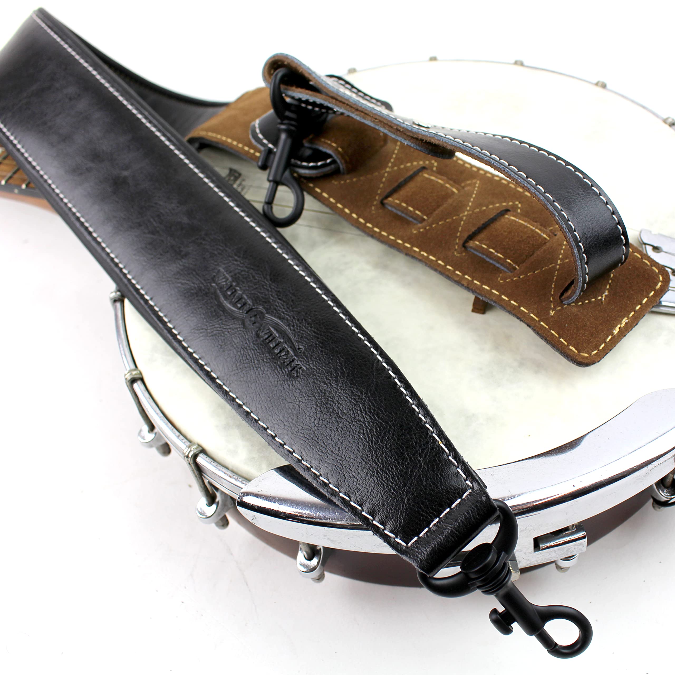 Walker & Williams Bs 74 Blk Premium Handmade Soft Black Full Grain Leather Padded Clip Style Banjo Strap For Bluegrass And Frail