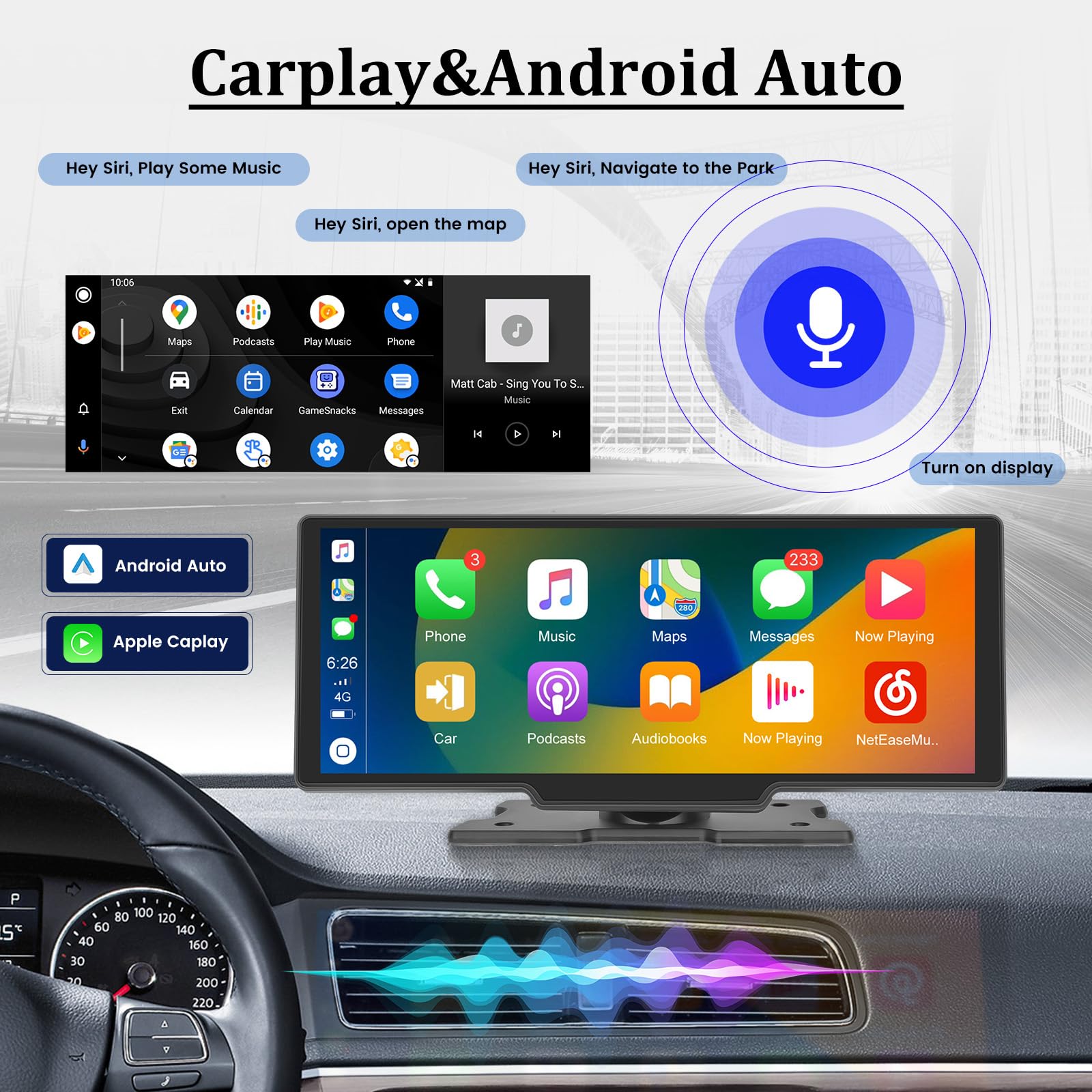 Carplay Screen Stereo 10.3 Inch Hd Wireless Portable Car Buddy Touchscreen Radio, Car Play & Android Auto Fm Transmission Blueto