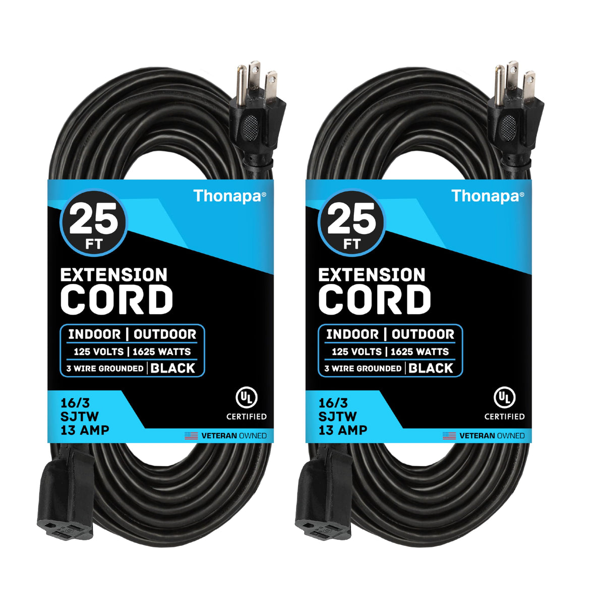 Thonapa Weatherproof Black Extension Cord 25 Ft, 2 Pack, 16/3 Christmas Light Extension Cord Outdoor 25 Foot 3 Prong, 16/3 Sjtw