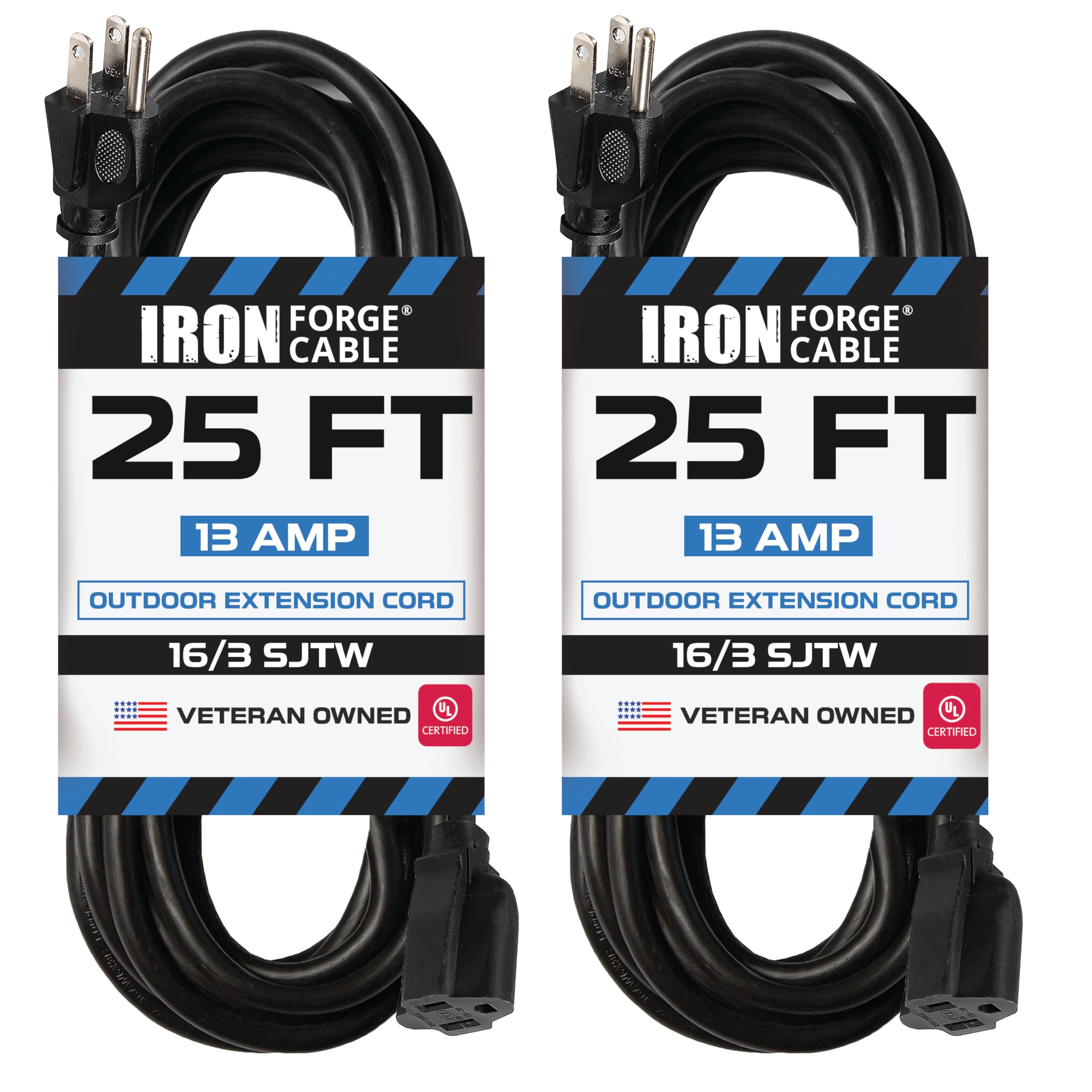 Iron Forge Cable 2 Pack Outdoor Extension Cord 25 Ft, 16/3 Sjtw Heavy Duty Black Extension Cord 3 Prong, 13 Amp Weatherproof Ext