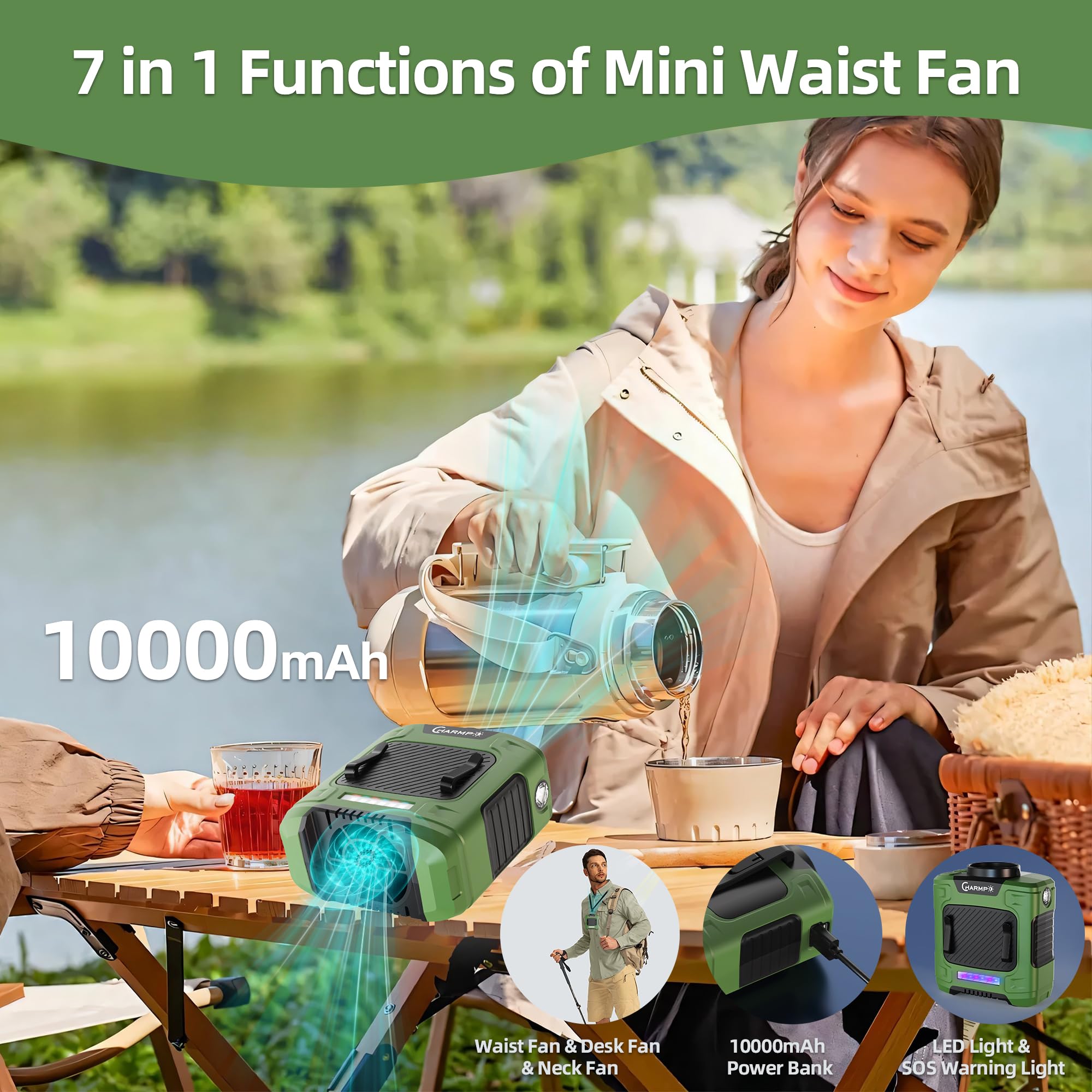 Charmp? Waist Fan - 10000Mah Rechargeable, 24H Cooling, 16000Rpm Strong Airflow, 3-Speed Portable Belt Fan With Led Sos & Red-Bl