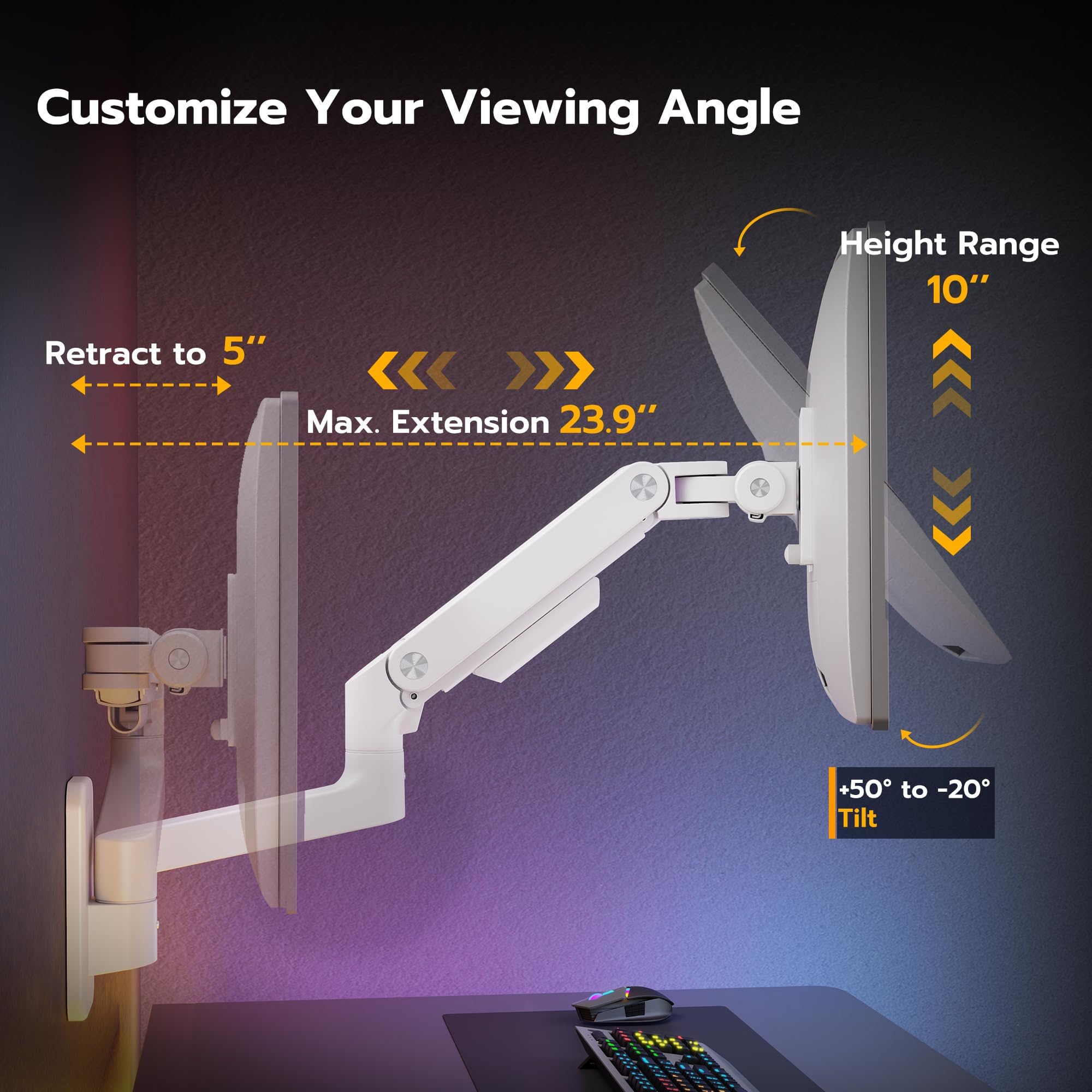 Ares Wing Wall Mount Monitor Arm For 17 49 Inch Ultrawide Monitors, Heavy Duty Single Monitor Mount Holds 44 Lbs, Fully Adjustab