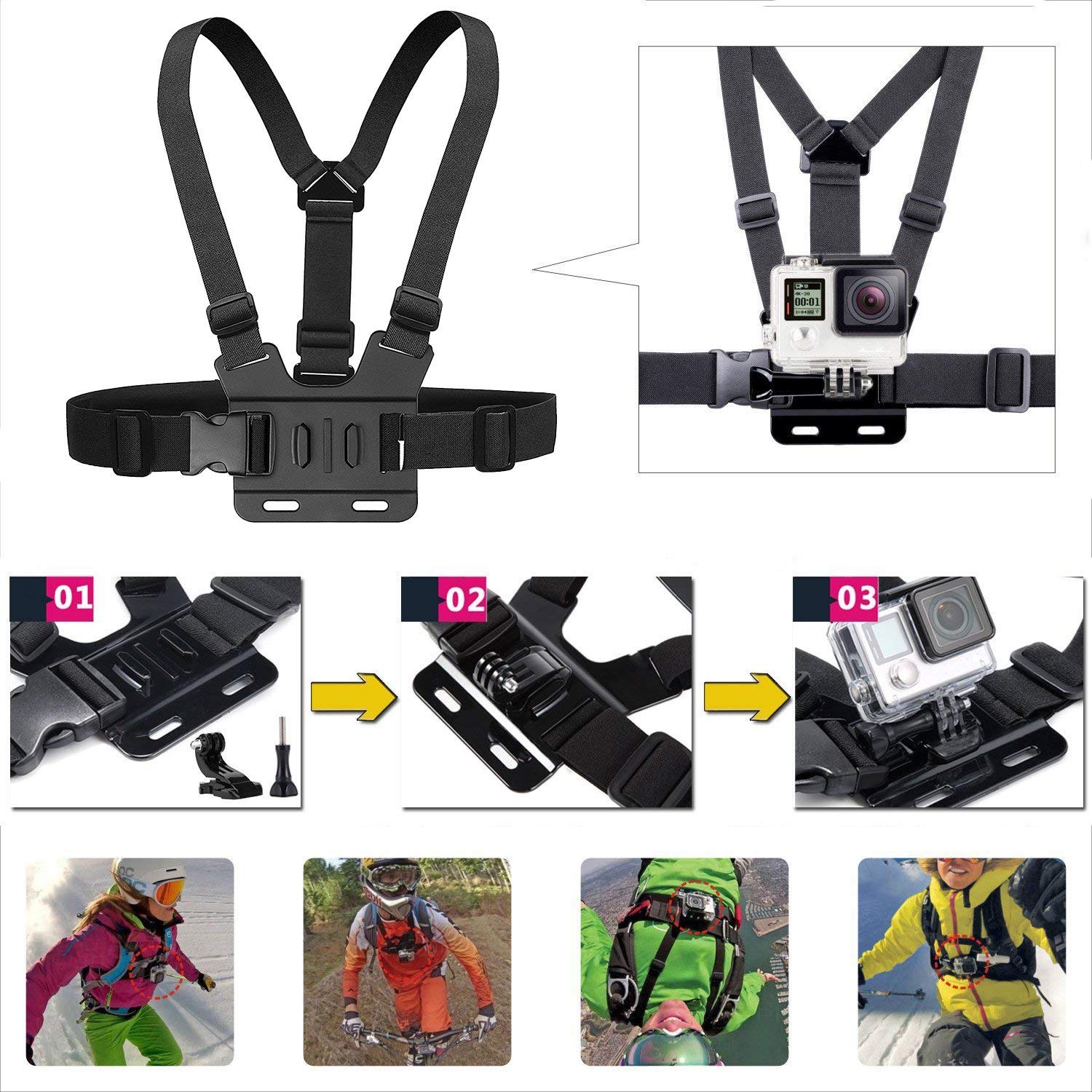 ASOCEA Adjustable Chest Mount Strap Harness with J-Hook for GoPro Action Cameras