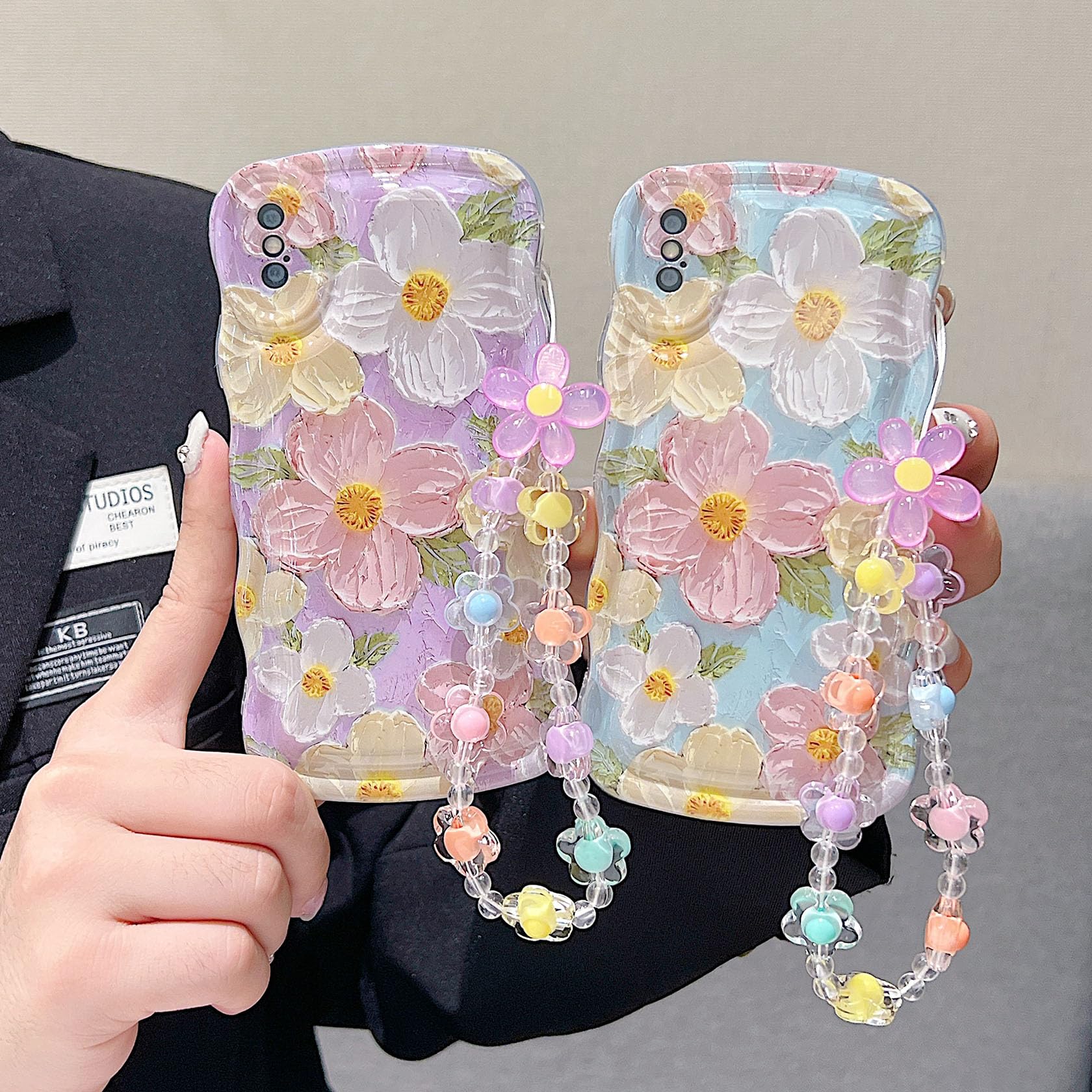 For Iphone X Iphone Xs Curly Wavy Case, Cute Colorful Retro Oil Painting Flower Glossy Pattern [With Bead Chain], Slim Fit Shock