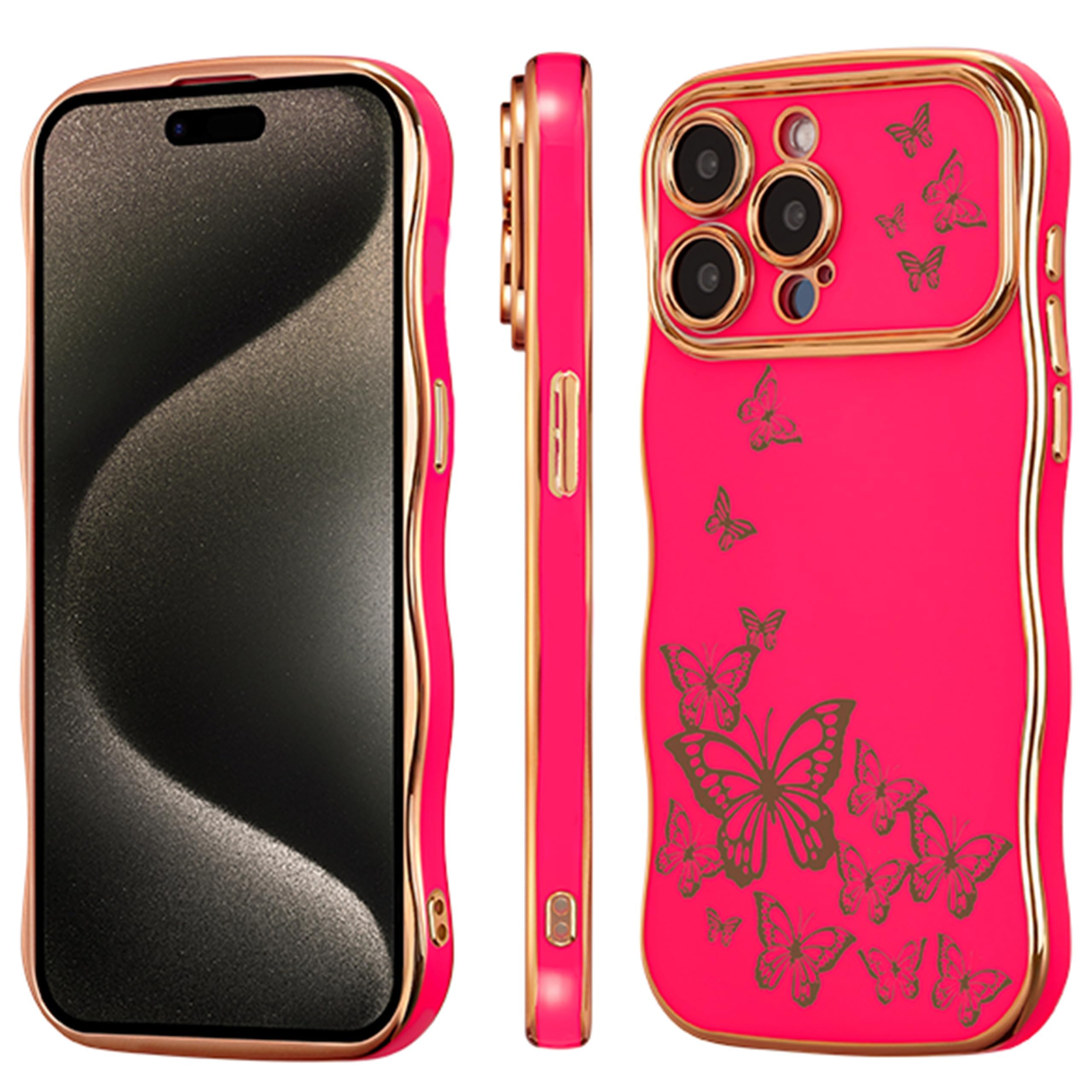 Ztofera For Iphone 15 Pro Case For Girl Women, Cute Curly Wave Frame With Luxury Plating Butterfly Pattern, Soft Tpu Shockproof