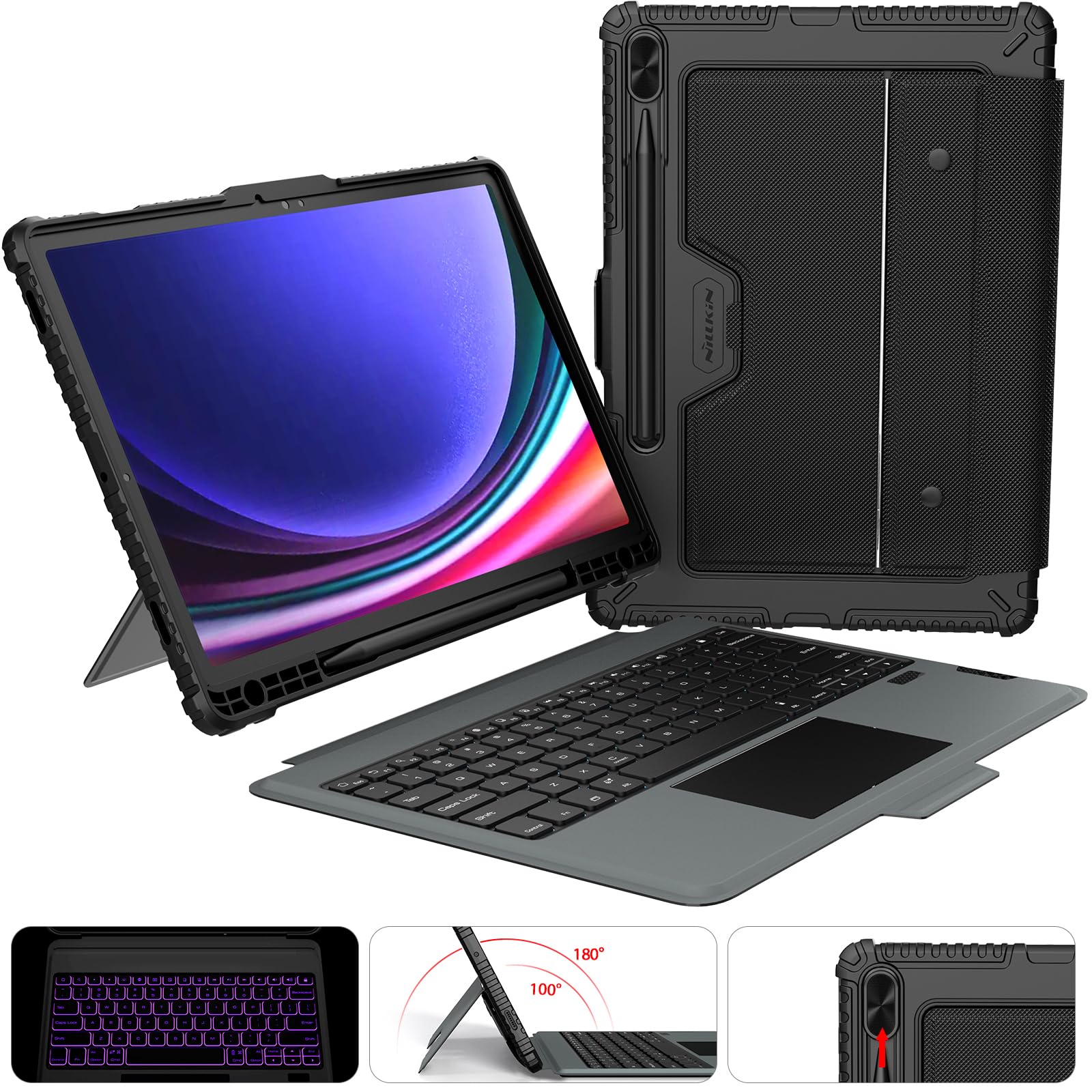 Nillkin For Samsung Galaxy Tab S9+ Plus Case With Keyboard 12.4'', Detachable Backlit Keyboard Case With Slide Camera Cover/Mult
