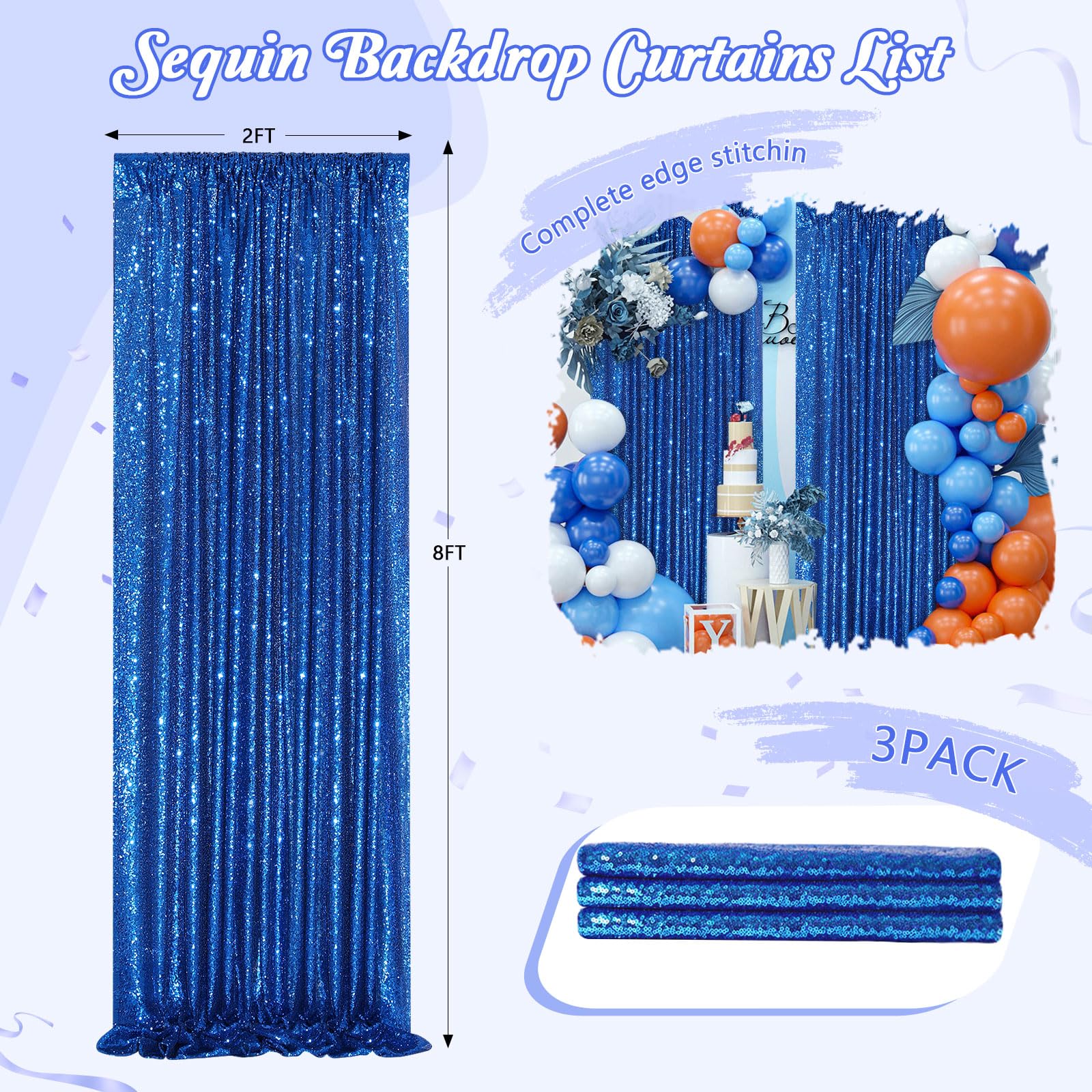 Glitter Backdrop Curtains Royal Blue Sequin Background 3 Packs 2Ft X 8Ft Sequin Fabric Baby Shower Birthday Party Decorations