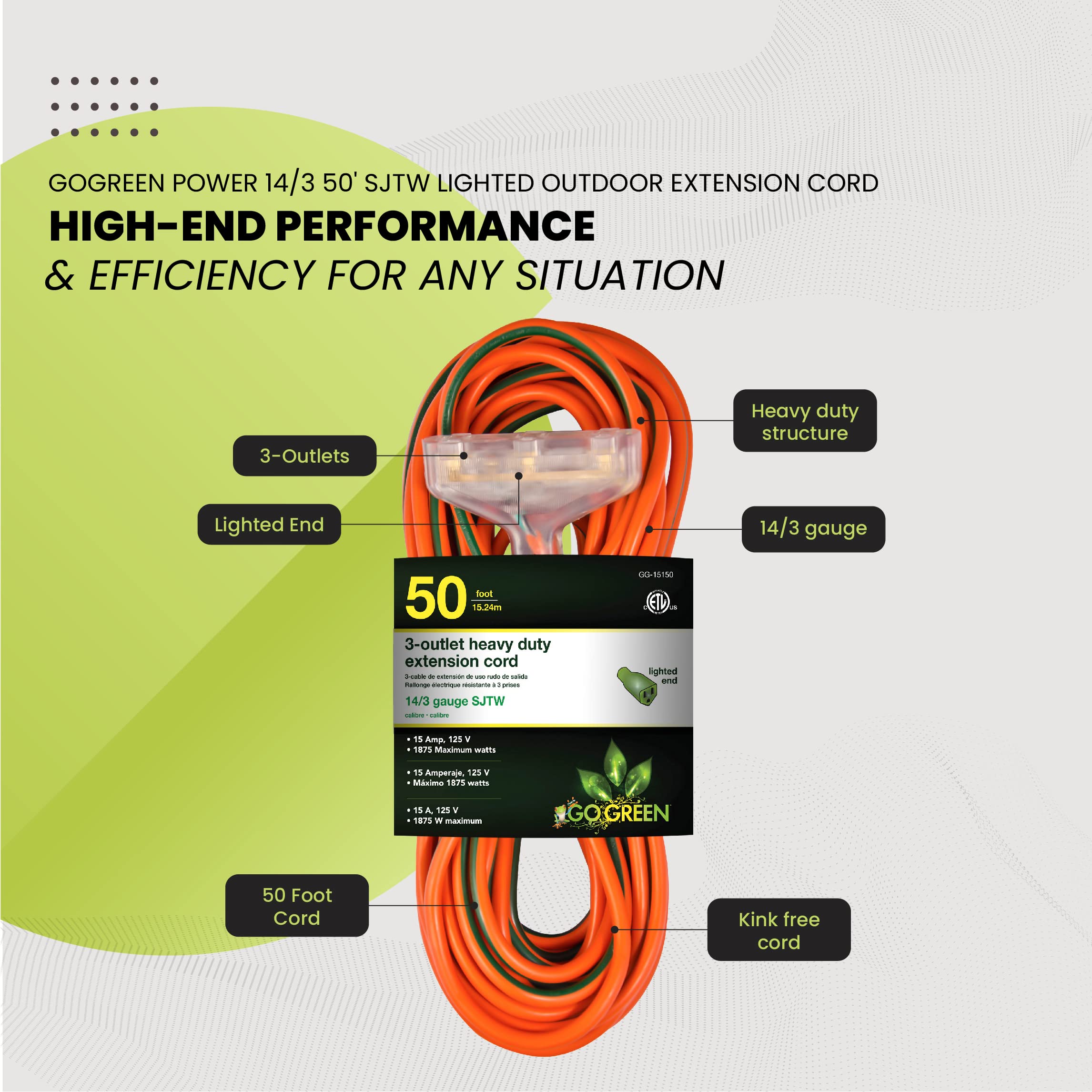 Gogreen Power (Gg 15150) 14/3 50 Sjtw 3 Outlet Heavy Duty Extension Cord, Lighted End, 50 Ft