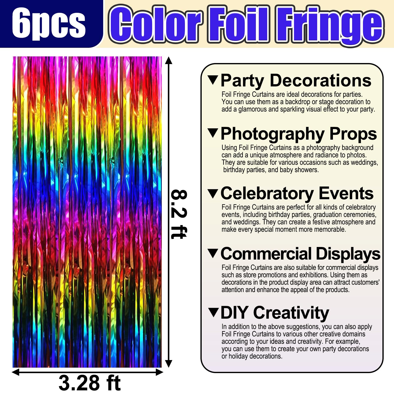 6 Pack Rainbow Foil Fringe Curtain Backdrop, 3.28Ft X 8.2Ft Metallic Tinsel Foil Fringe Streamer Curtains For Photo Booth, Chris
