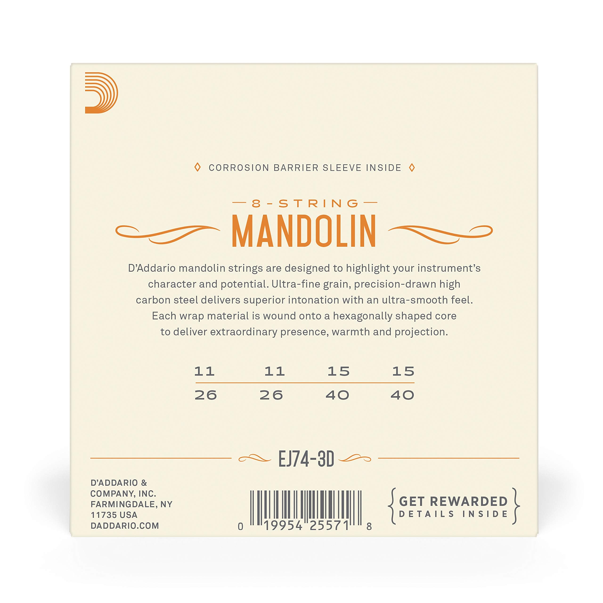 Daddario Mandolin Strings, Phosphor Bronze, Ej74-3D, Medium Gauge 11-40, 8-String Set, Pack Of 3