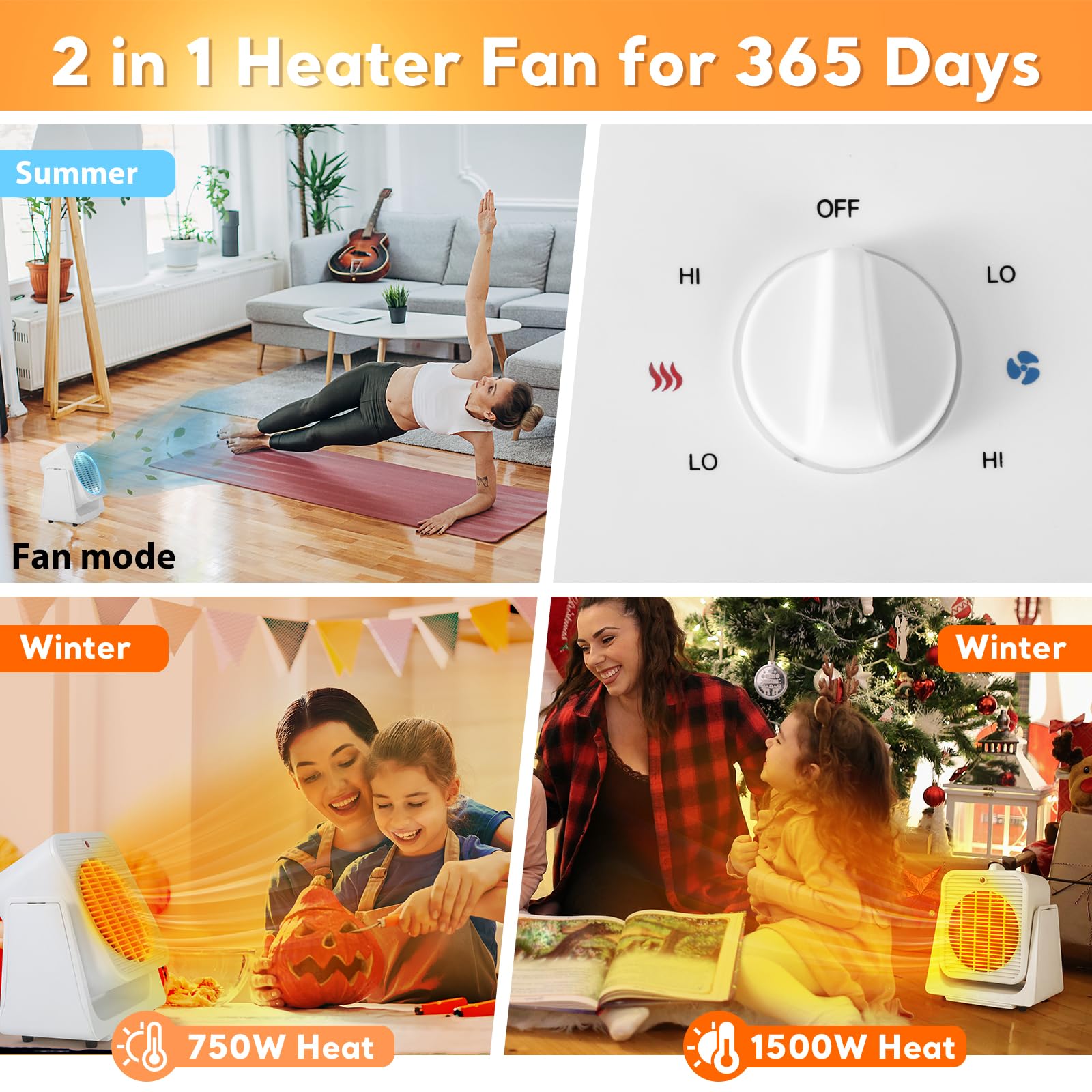 Heater And Fan Combo For Desk, 2 In 1 Heater Fan W/Fast Heating & Fan Modes, 45 Adjustable Angle, Overheated & Tip Over Protecti