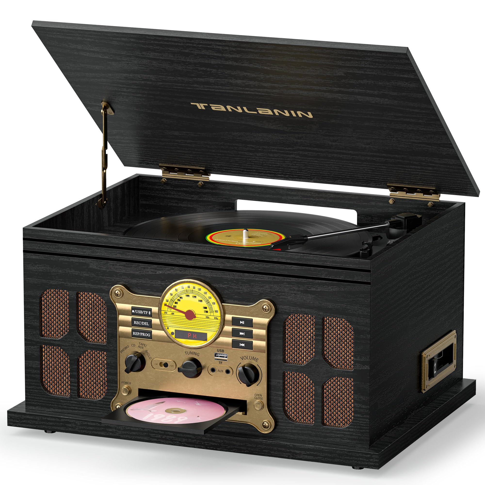 TANLANIN 10in1 Bluetooth Record Player with Speakers, CD/Cassette, Black