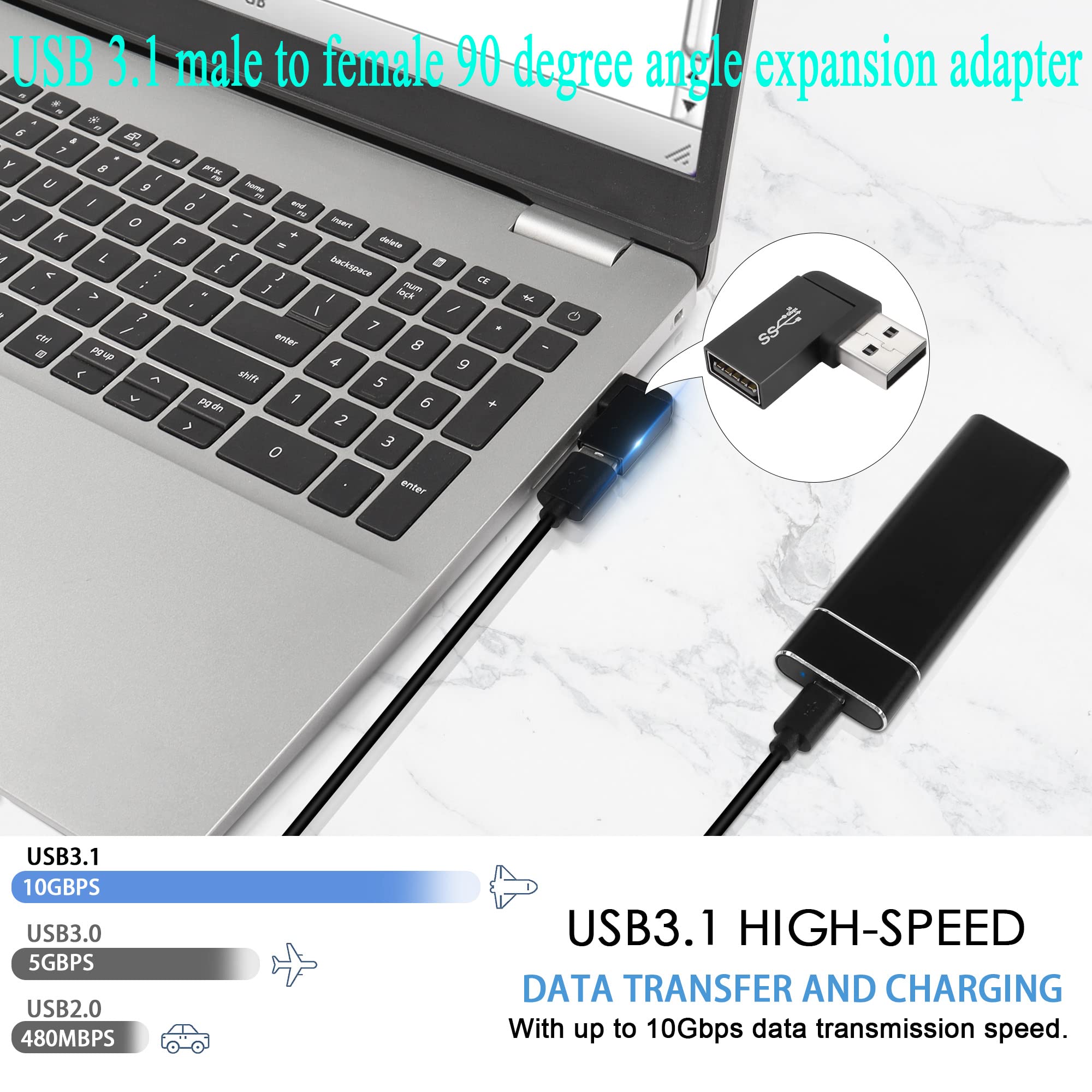 Qianrenon 90�Angle Usb 3.1 Adapter 10Gbps Usb 3.1 Male To Female Right Angle Connector Usb A 3.1 L Angle Converter Coupler, Support Data Transfer Otg 3A Charging, 2Pcs(Right Angle Side Bend)