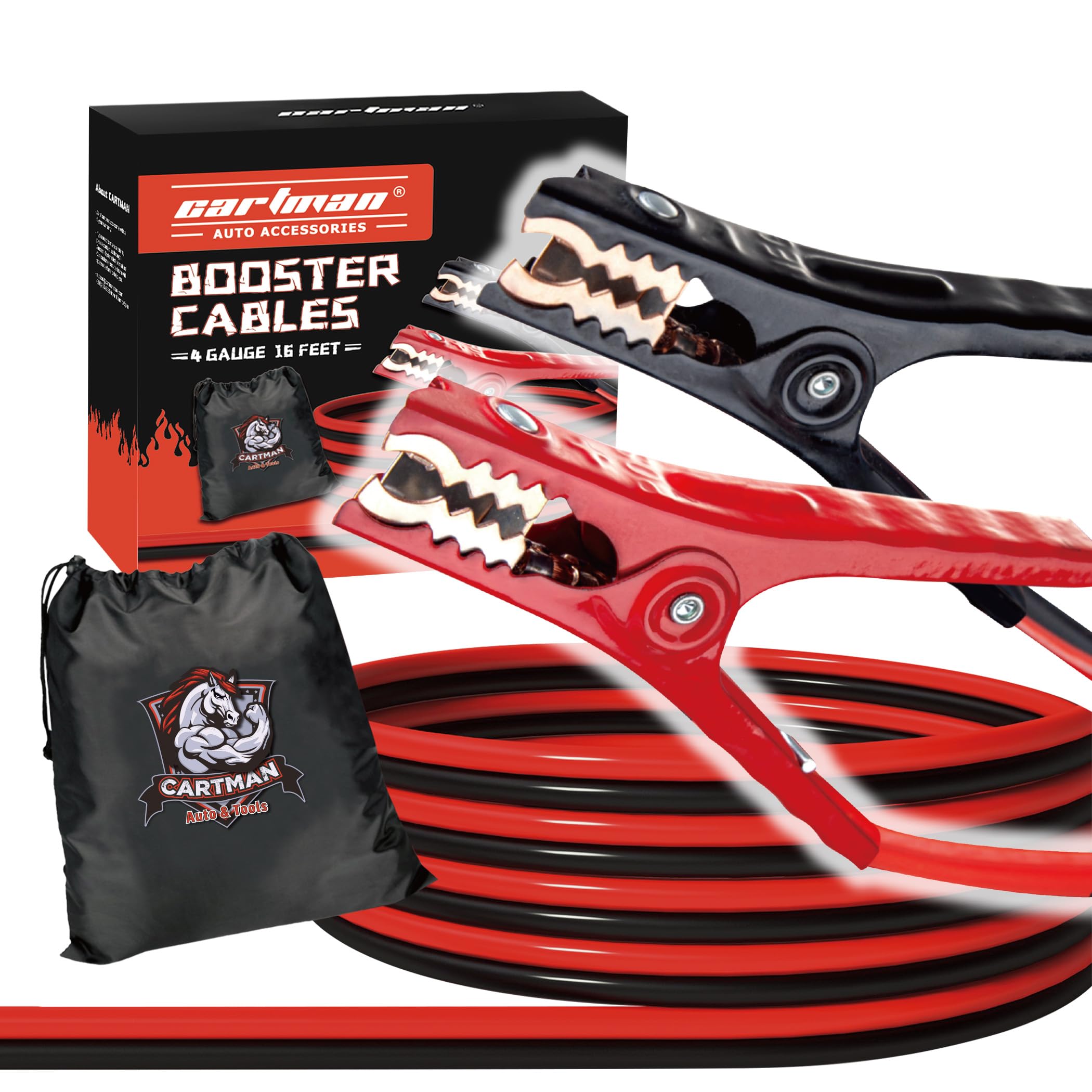 Cartman 4 Gauge 16 Feet Jumper Cables 300Amp Heavy Duty Booster Cable In Carry Bag