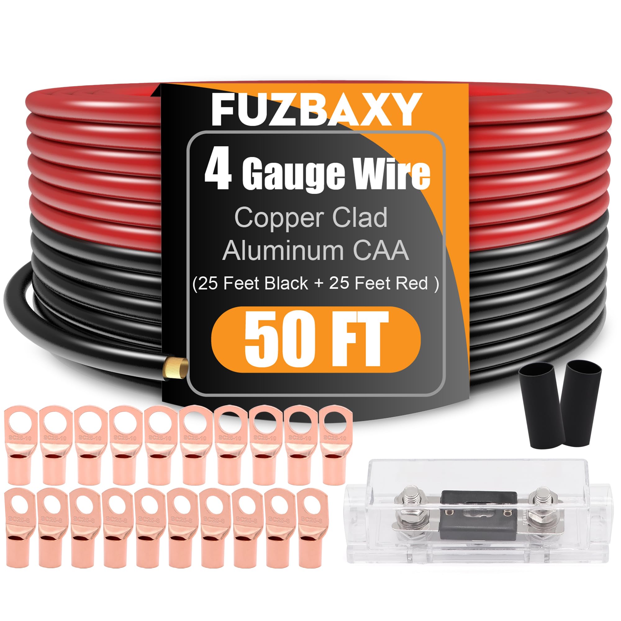 Fuzbaxy 4 Gauge Wire (25 Feet Black+25 Feet Red) Copper Clad Aluminum Cca   Primary Automotive Wire Power/Ground,20Pcs Lugs Term