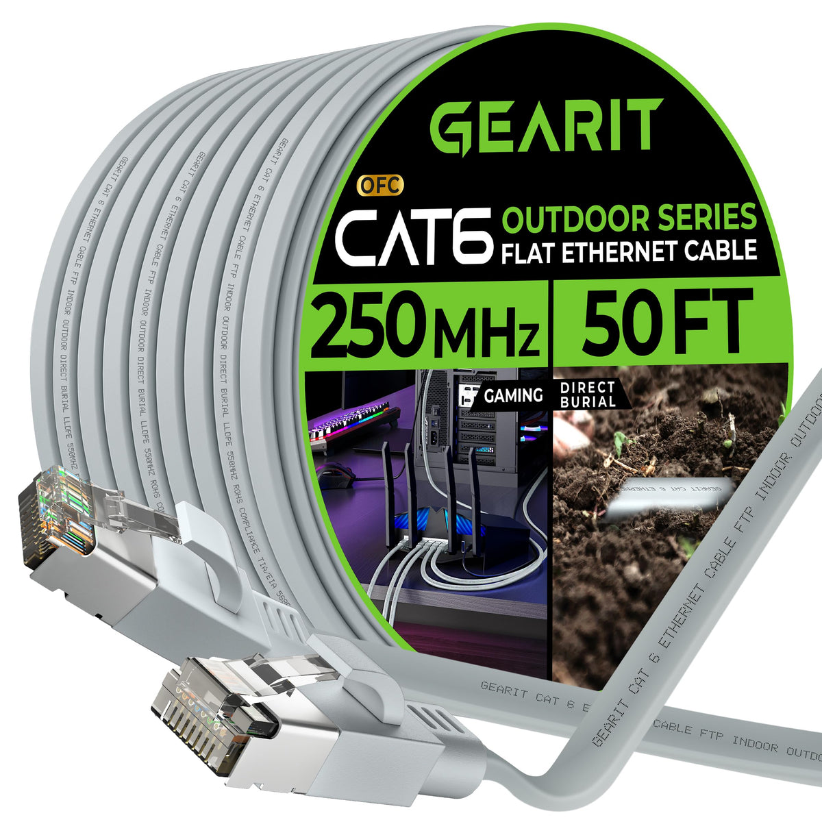 Gearit Cat 6 Outdoor Flat Ethernet Cable (50Ft, Gray) Direct Burial Rated Lldpe Jacket   Indoor Cat6 Shielded Ftp 10Gbps High Sp