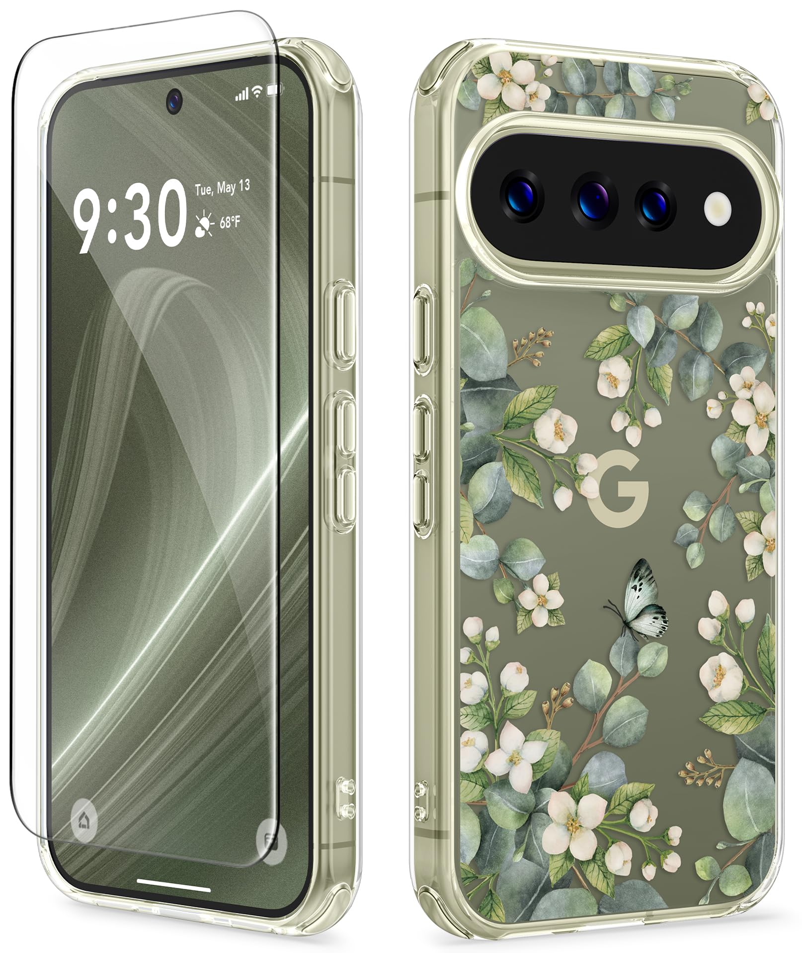 GVIEW for Google Pixel 11/Pixel 11 Pro Case Clear Floral, Prunus/Green