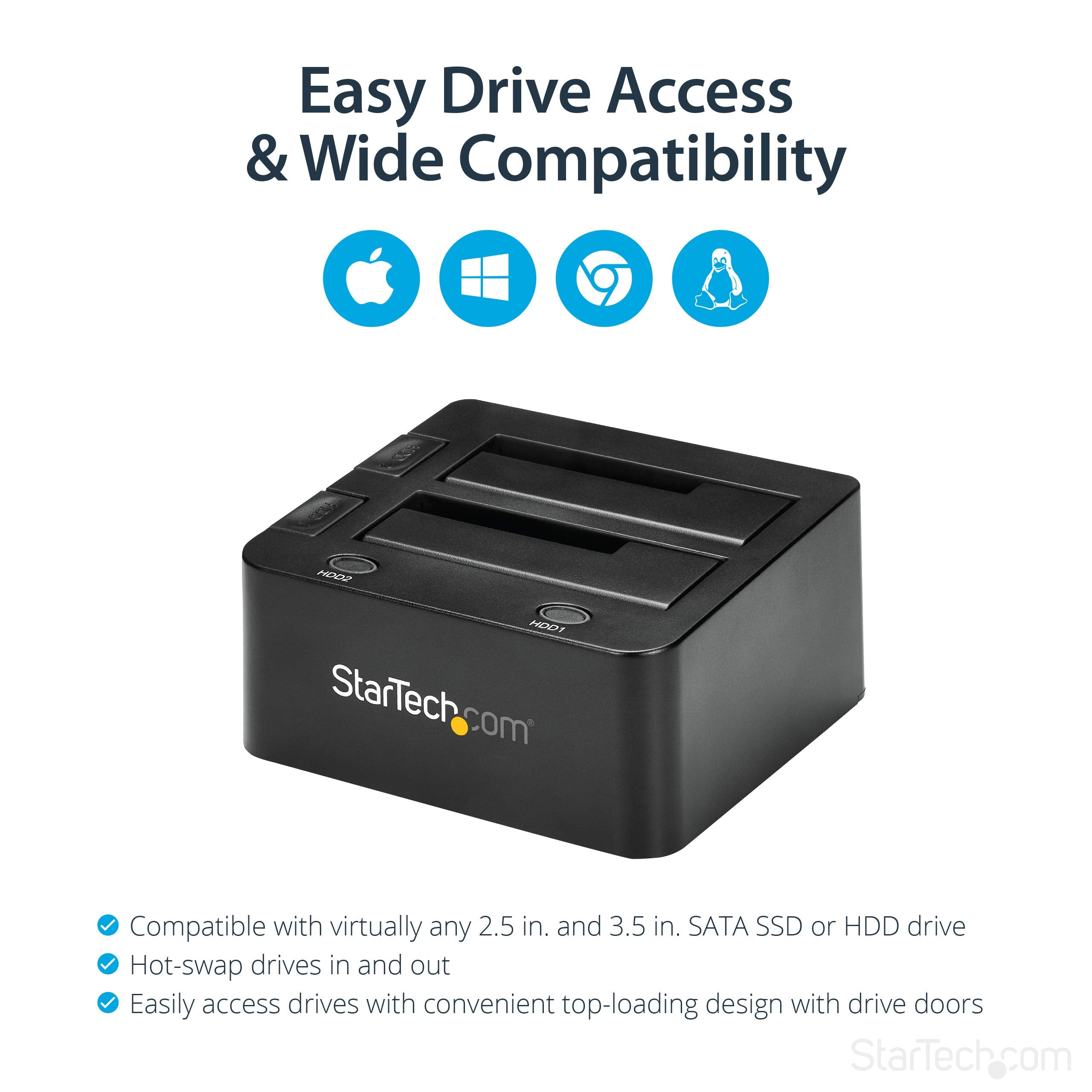 StarTech.com Dual Bay USB 3.0 To SATA Hard Drive Docking Station, USB Hard Drive Dock, External 2.5/3.5' SATA I/II/III, SSD/HDD Docking Station, Hot Swap Hard Drive Bay, Top Loading (SDOCK2U33),Black
