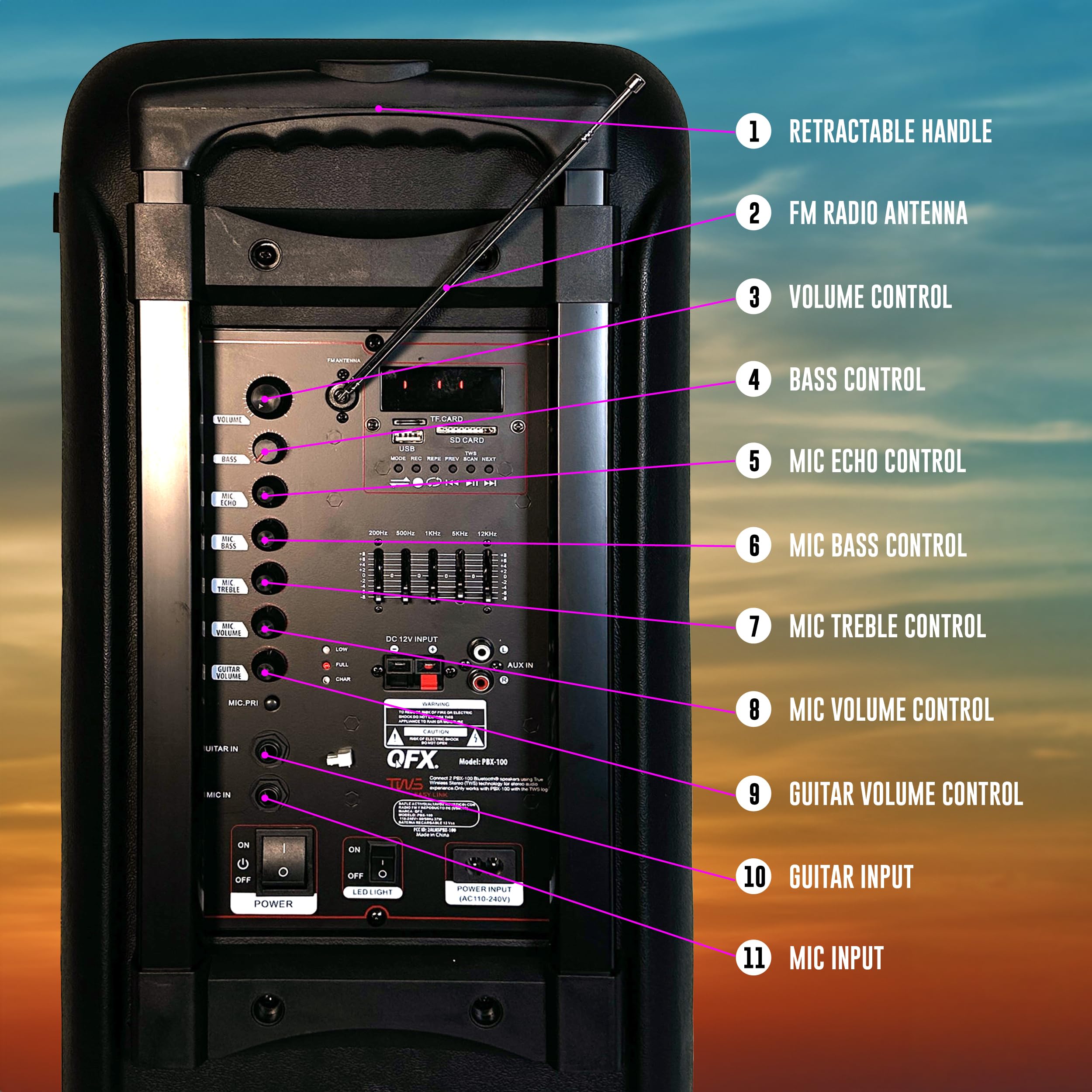 Qfx Pbx-100 Bluetooth Wireless Portable Party Speakers With Dual 10 Woofers - Rechargeable, Led Party Lights, 5-Band Eq, Usb/Tf