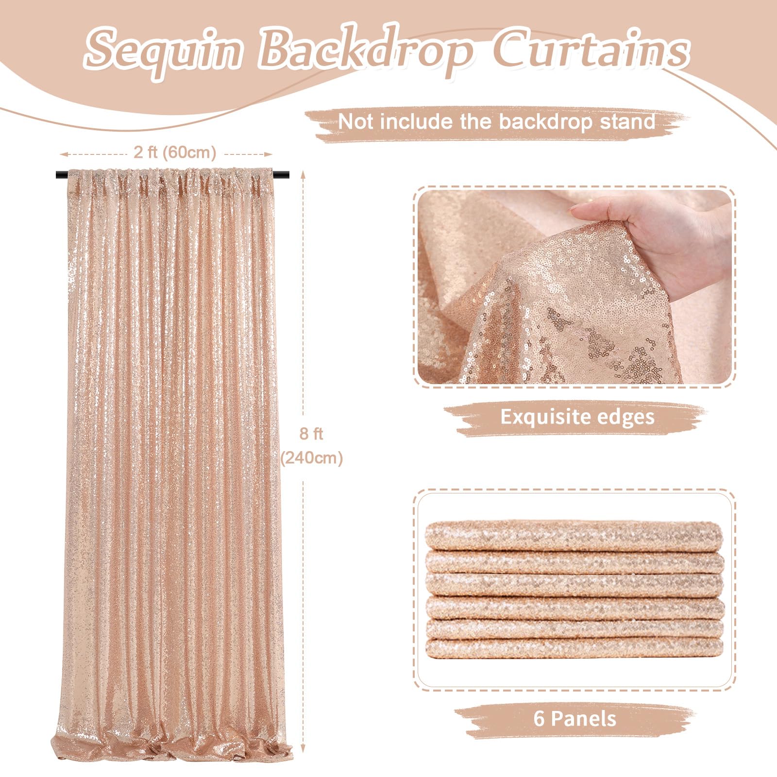 Rose Gold Sequin Backdrop Curtain 6 Pcs 2Ftx8Ft Wedding Party Backdrop Silver Sparkly Fabric Curtains For Wedding Christmas Part