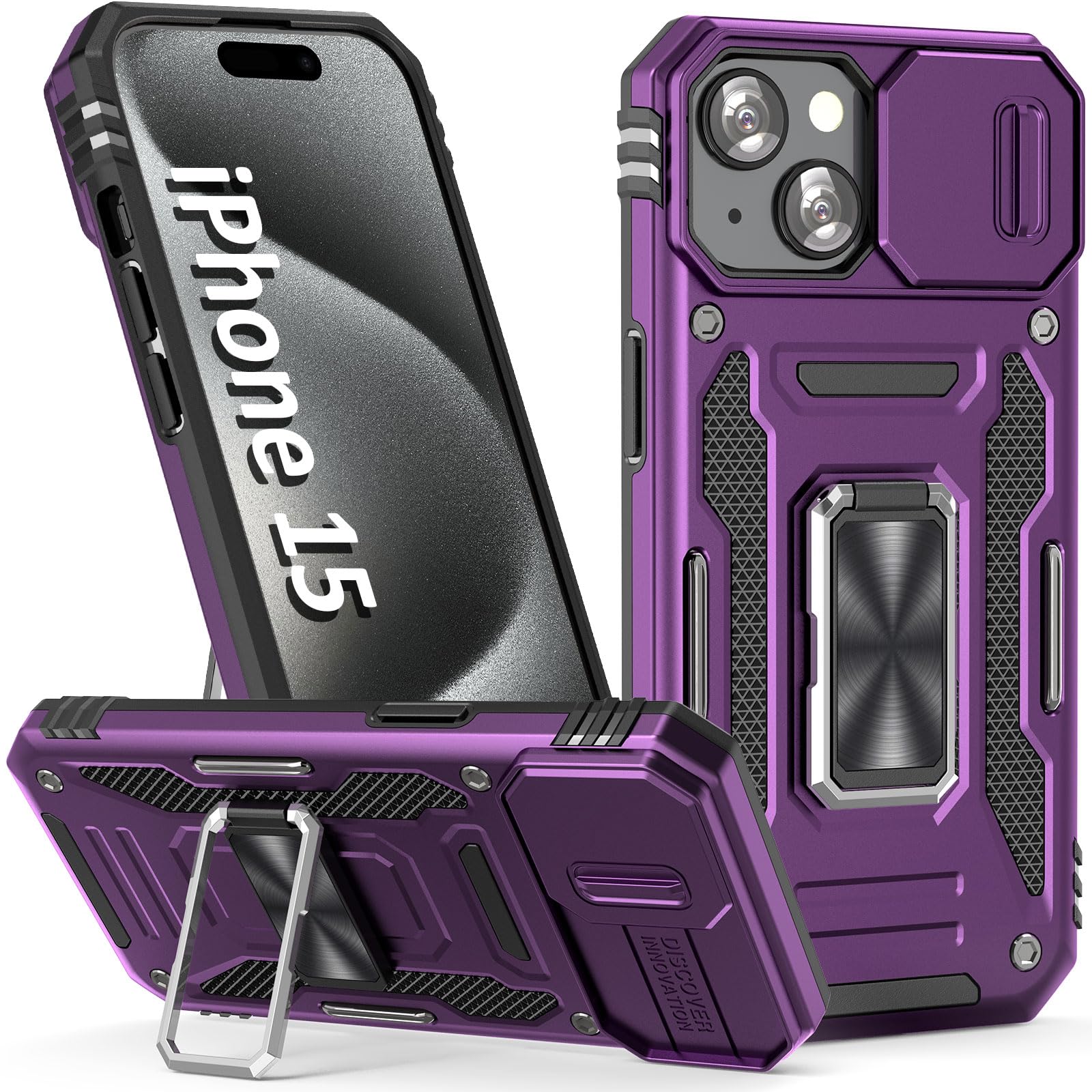 Sefing Case For Iphone 15 Phone Case With Camera Lens Cover, With Ring Holder Kickstand, Fit Magnetic Car Mount, For Iphone 15 (