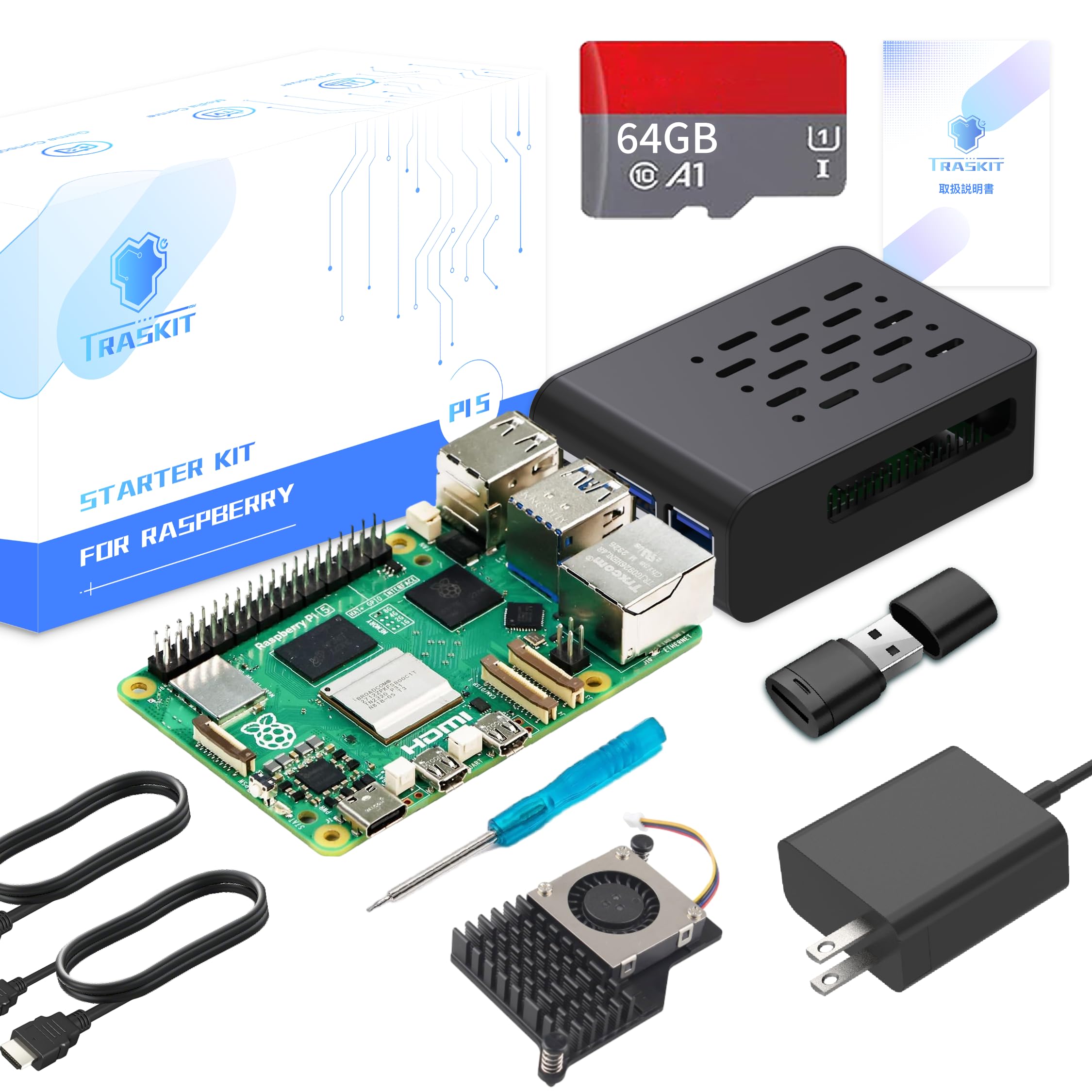 TRASKIT Starter Kit for Raspberry Pi 5 8GB RAM,Pre-Loaded 64GB Edition Pi OS