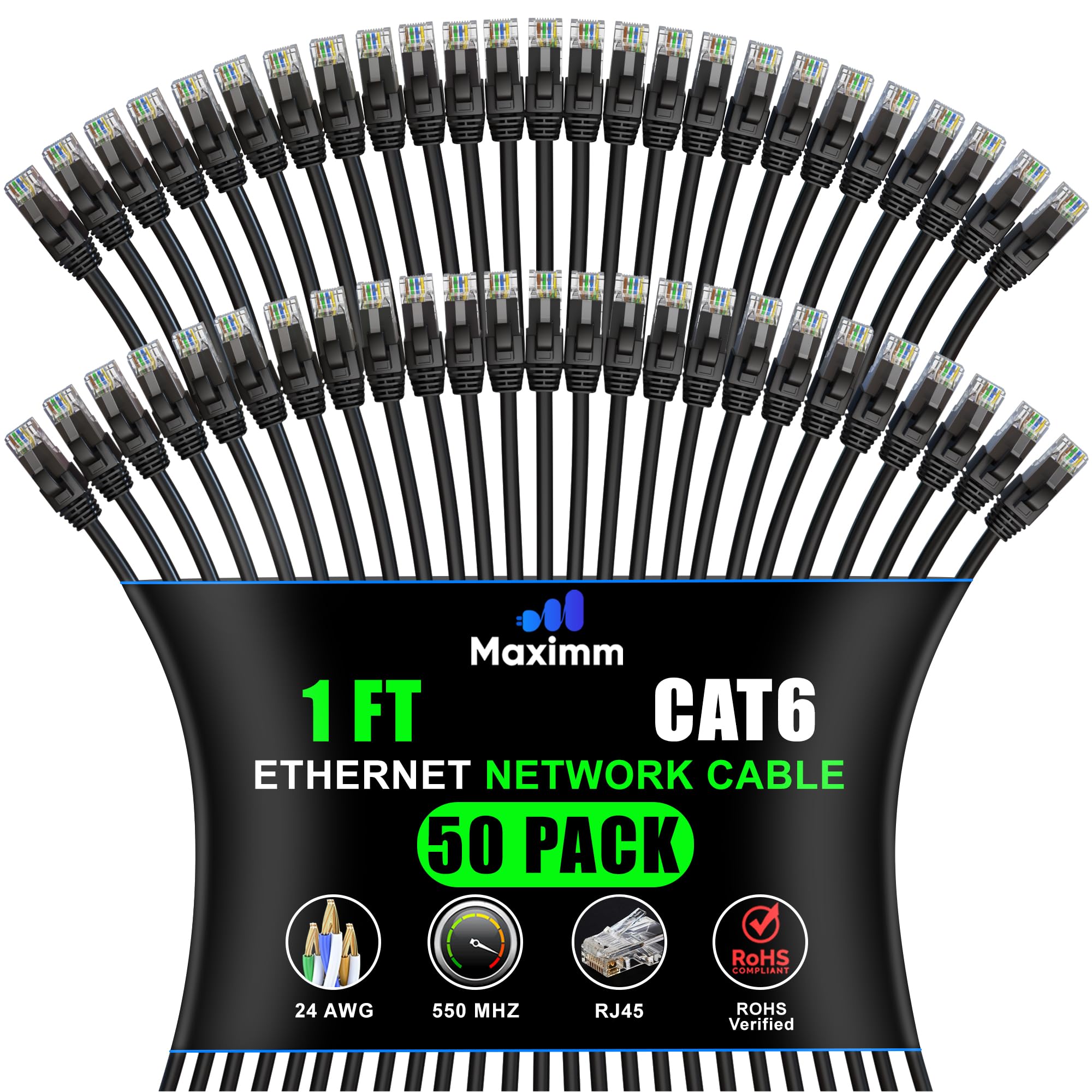 Maximm Cat 6 Ethernet Cable 1 Ft, (50-Pack) Cat6 Cable, LAN Cable, Internet Cable, Patch Cable and Network Cable - UTP (Black) 1