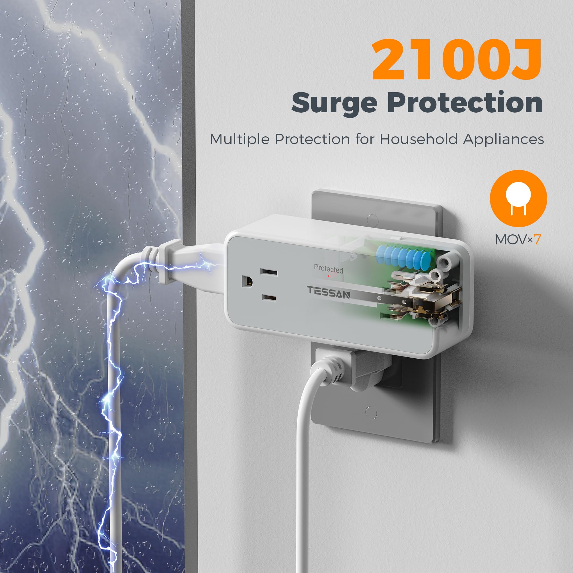 Surge Protector Outlet Extender, Tessan 2100J Multi Plug Splitter With 4 Electrical Outlets, 3 Side Multiple Wall Plug Expander