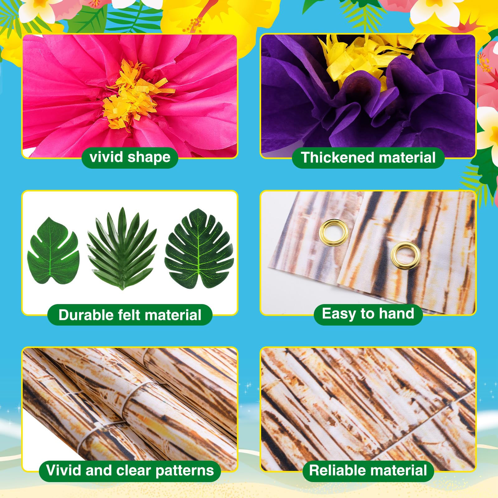 Canlierr 22 Pcs Hawaiian Beach Backdrop With Hawaii Paper Flowers Decorations Set 71 X 43 Inch Hawaiian Backdrop 3D Hibiscus Pap