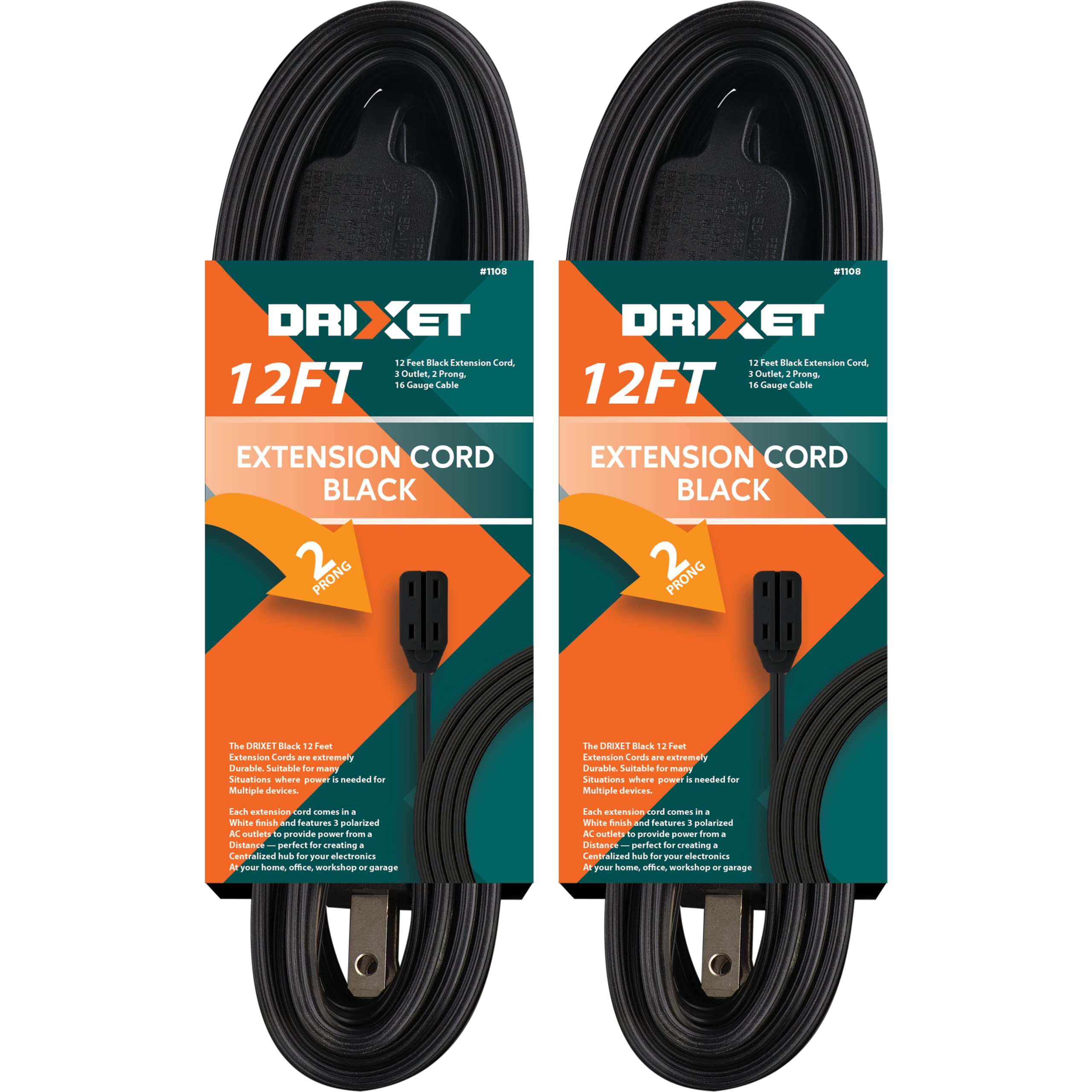 [Ul Listed] 12 Feet Black Extension Cord, 3 Outlet, 2 Prong, 16 Gauge Cable, 3 Receptacle Cube Tap, Indoor Use (Pack Of 2)   By