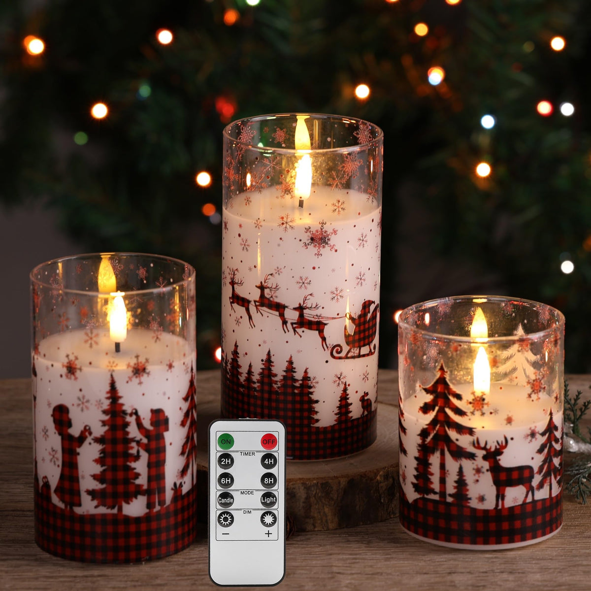 Eywamage Red Buffalo Plaid Christmas Flameless Candles With Remote, Flickering Led Pillar Candles In Glass Set Of 3