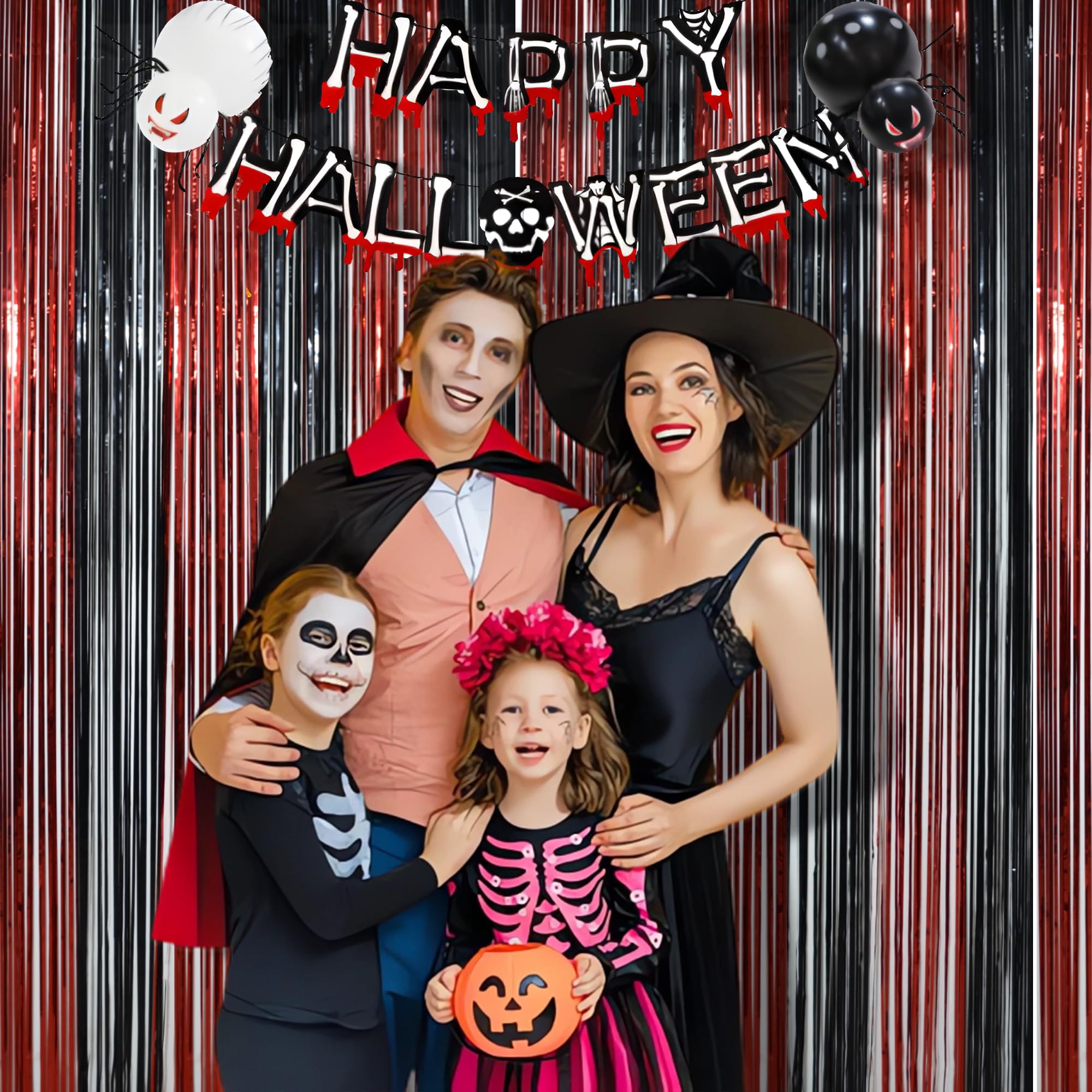 Braveshine Tinsel Photo Backdrop Curtains   2 Pack 3.2X8.2Ft Black Red Foil Fringe Streamer Curtain For Halloweens, Lantern, Pum