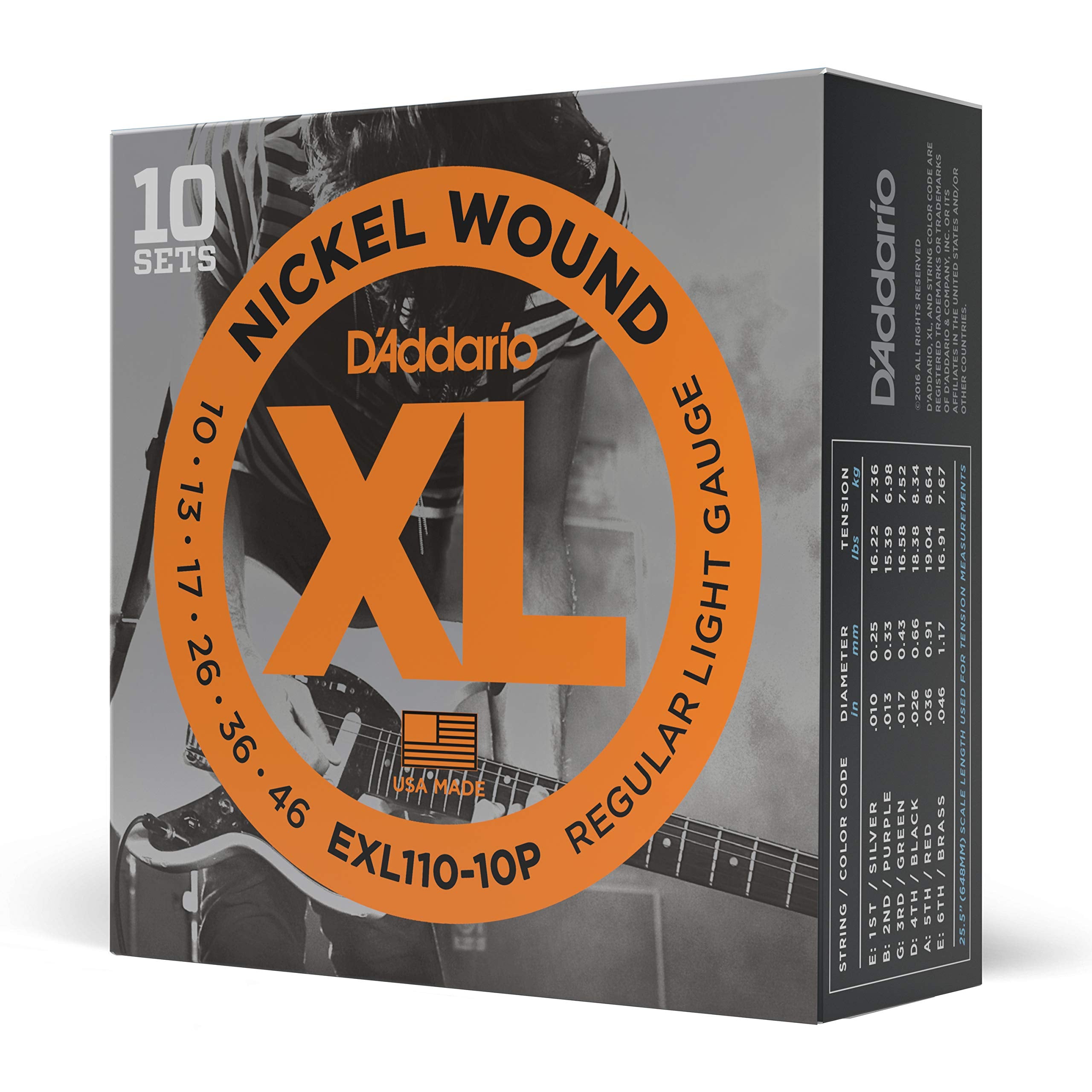 D'Addario Guitar Strings   Xl Nickel Electric Guitar Strings   Exl110 10P   Perfect Intonation, Consistent Feel, Reliable Durability   For 6 String Guitars   10 46 Regular Light, 10 Pack