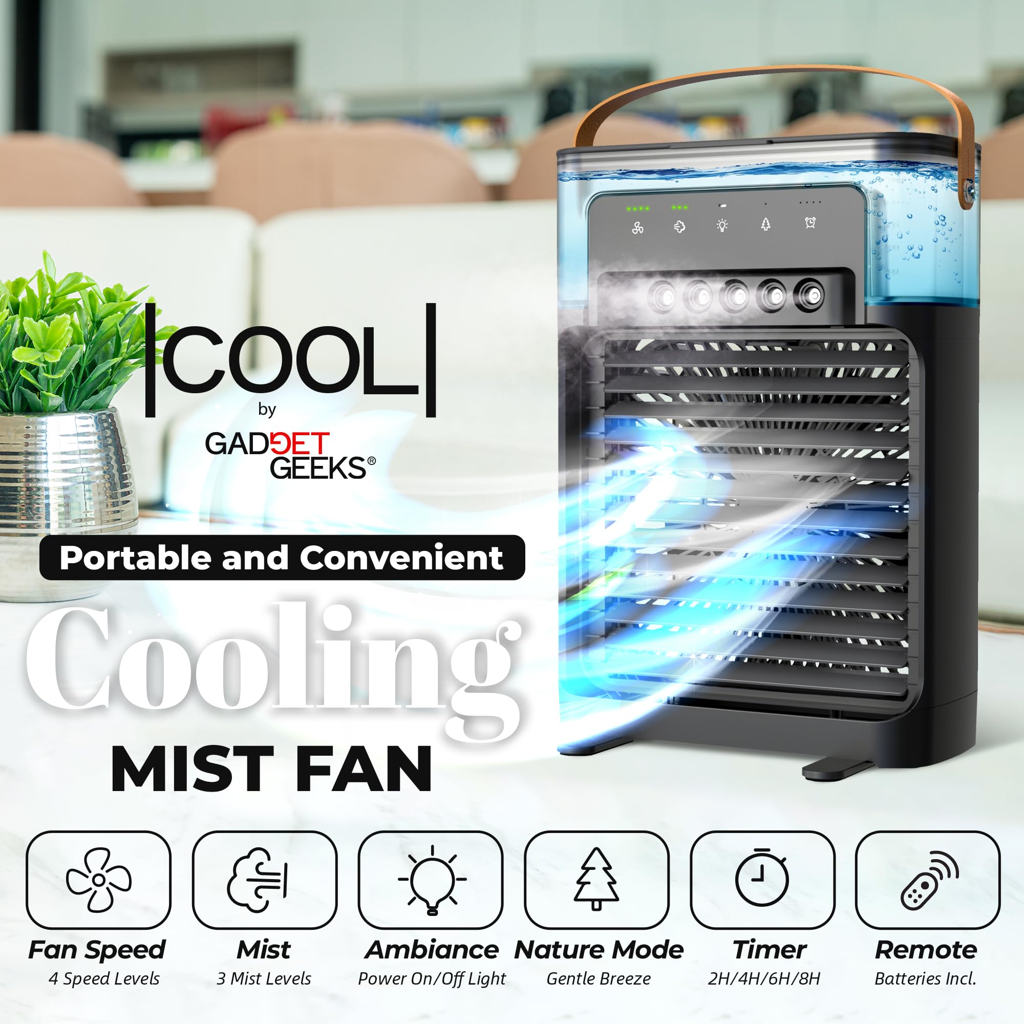 Portable Air Conditioner With Cooling Mist And Remote, Quiet Comfort With 4 Speeds, Xl 1200Ml Tank, Personal Ac Fan With 5 Mists