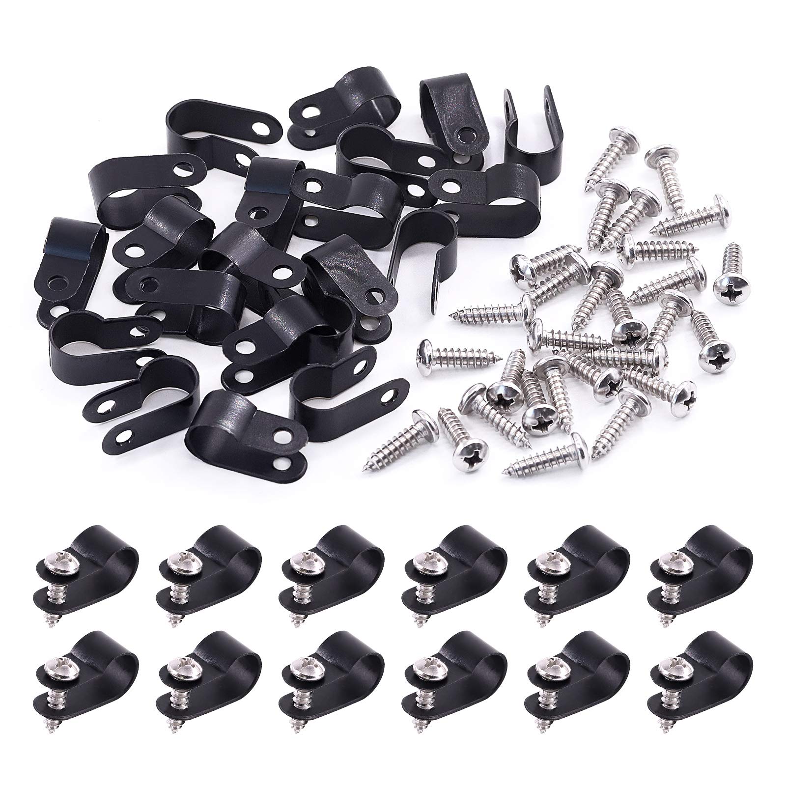 Swpeet 120 Pack Black 3/8 Inch Nylon Plastic R Type Cable Clips Clamp Kit, Nylon Screw Mounting Cord Fastener Clips With 120 Pac