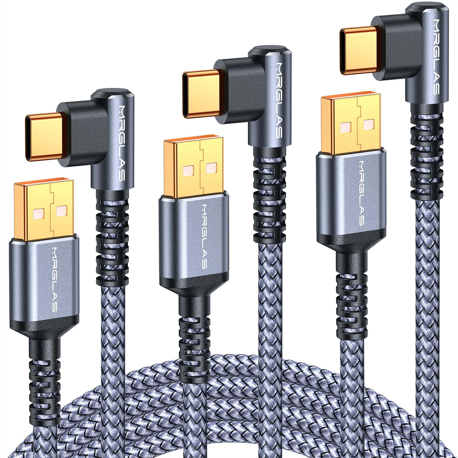 Mrglas Usb C Charger Cable 3.2A, [3 Pack,10+6.6+3.3Ft] Type C Charger Fast Charging Cable Right Angle [90& Gold Plated] Durable 