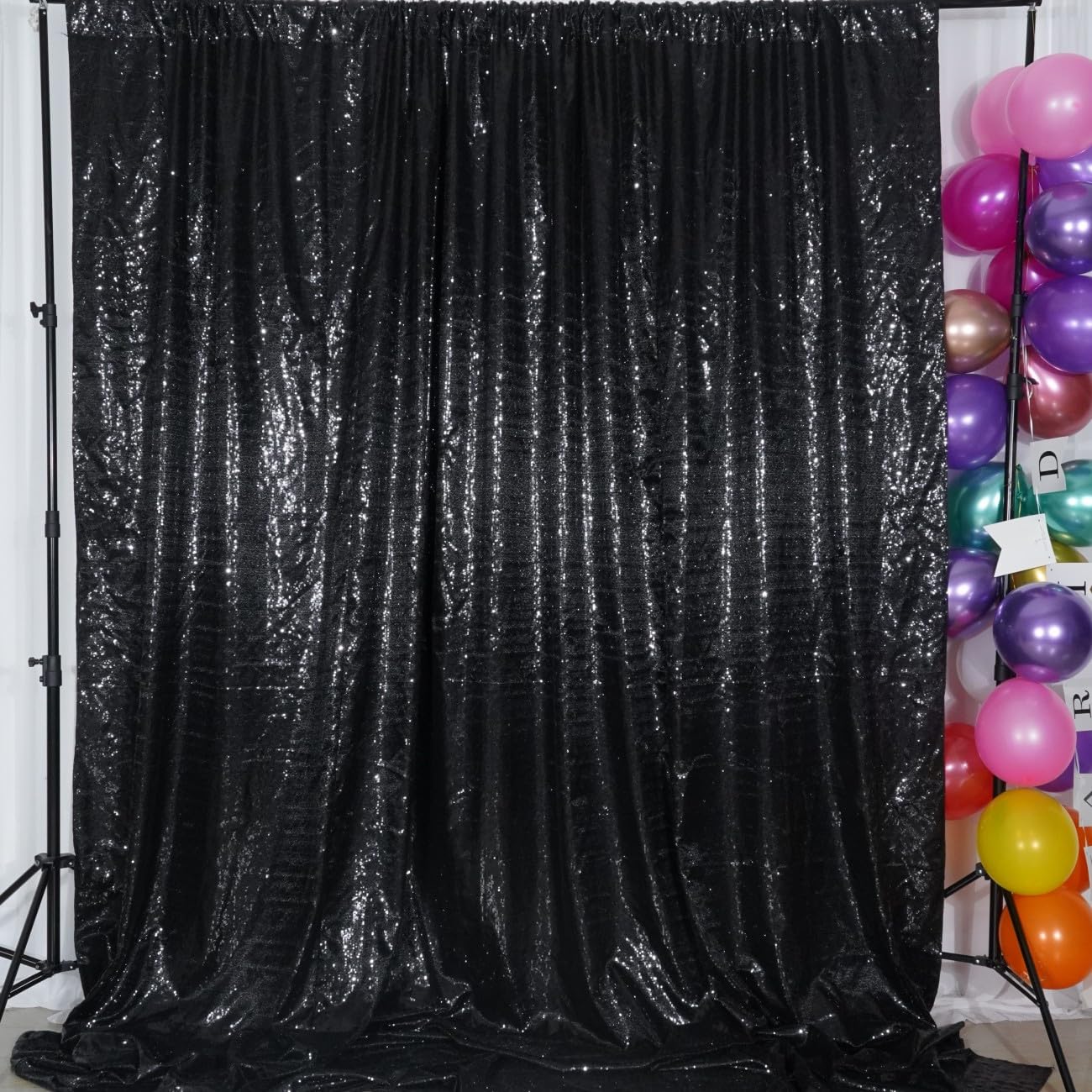 Poise3Ehome 6Ft X 8Ft Black Sequin Backdrop, Glitter Thick Satin Background Drapes, Sparkly Opaque Photography Curtain, Sequence