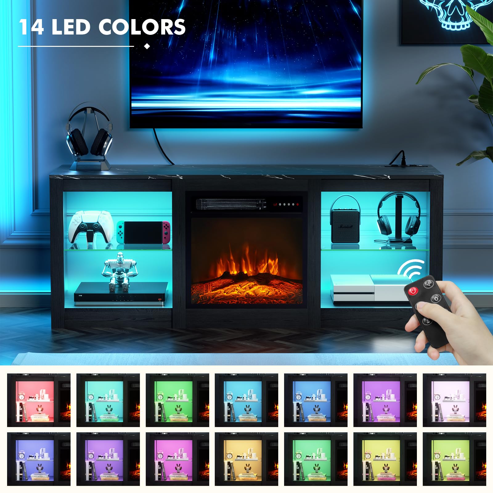 Breezeheat 58Inch Electric Fireplace Tv Stand For 65'' Tv Entertainment Center With 18'' Fireplace And Led Light Tv Console With