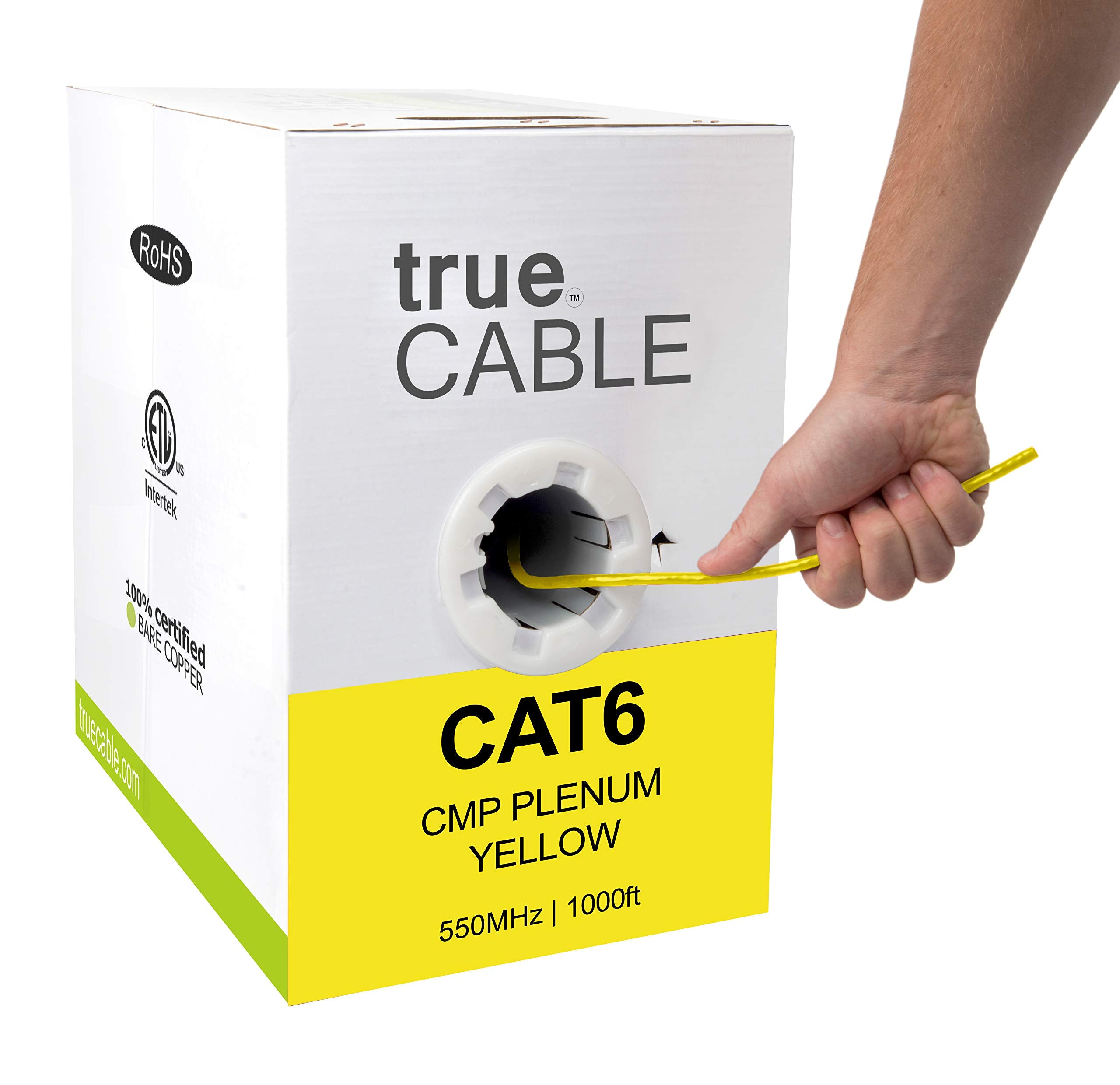 Truecable Cat6 Plenum (Cmp), 1000Ft, Yellow, 23Awg 4 Pair Solid Bare Copper, 550Mhz, Poe++ (4Ppoe), Etl Listed, Unshielded Twisted Pair (Utp), Bulk Ethernet Cable