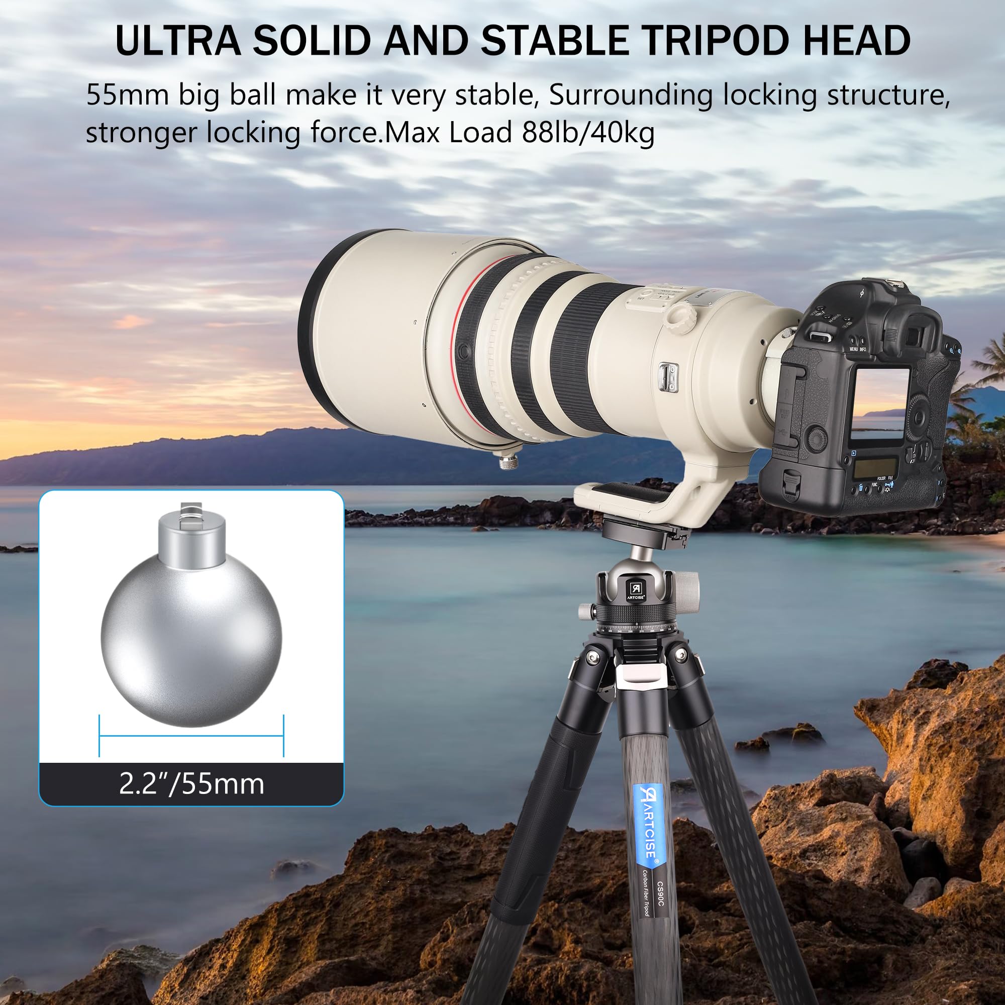 55Mm Low Profile Ball Head Tripod Ball Head Artcise Kb55 Heavy Duty Tripod Head All Metal Cnc Machining With Three 1/4' Quick Release Plates For Tripod, Monopod, Dslr, Camcorder, Max Load 88Lbs /40Kg