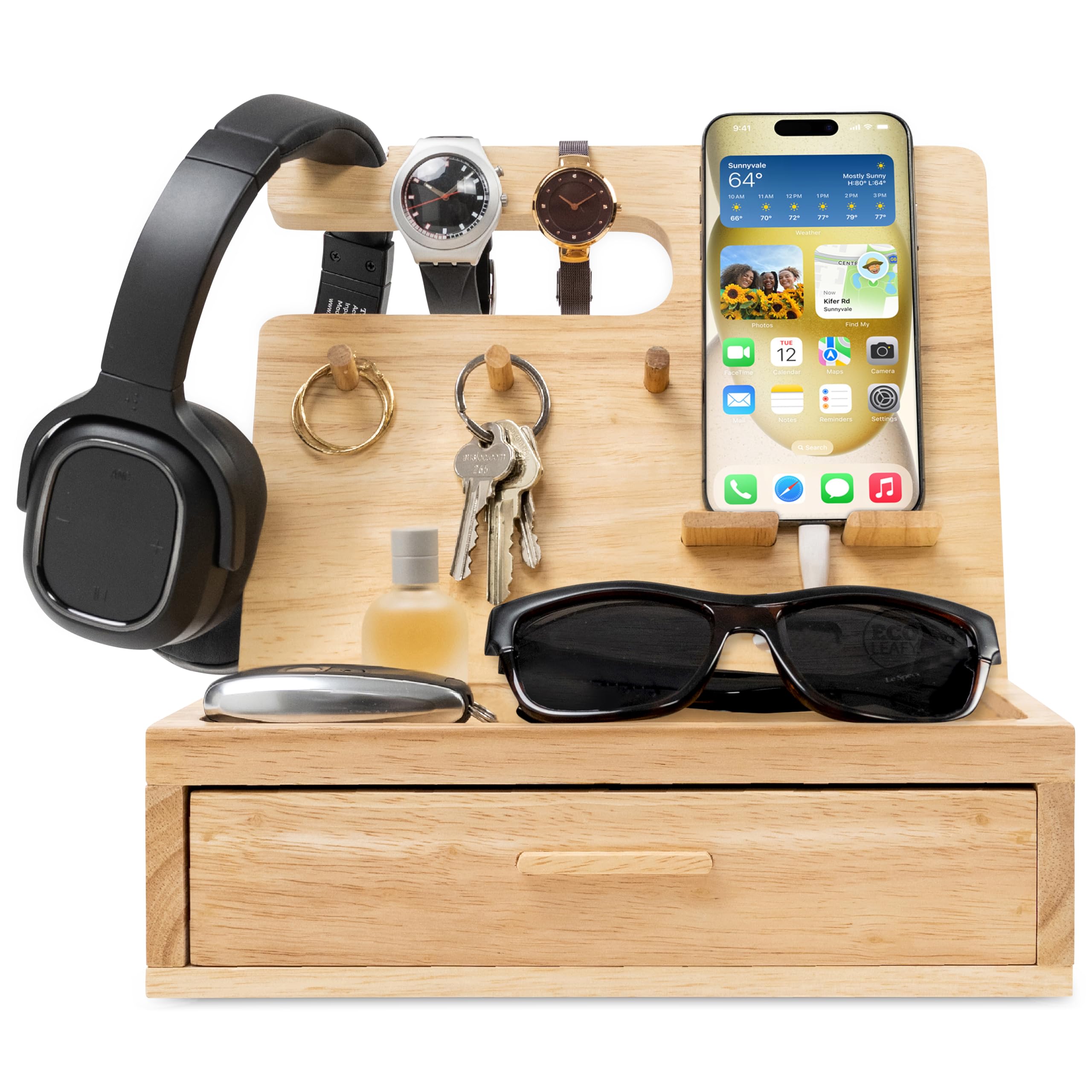 EcoLeafy Dot Nightstand Organizer for Men - Bedside Table Organizer with Drawer for Cellphone, Watches, Sunglasses & Accessories